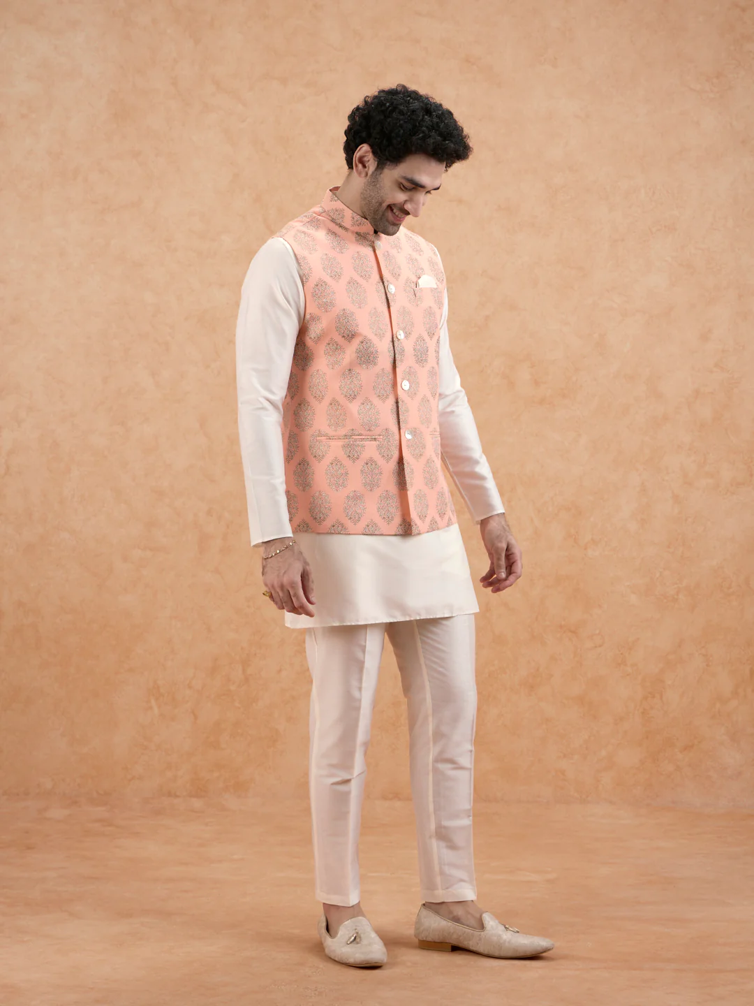 Peach Nehru Jacket with all over print - Image 4