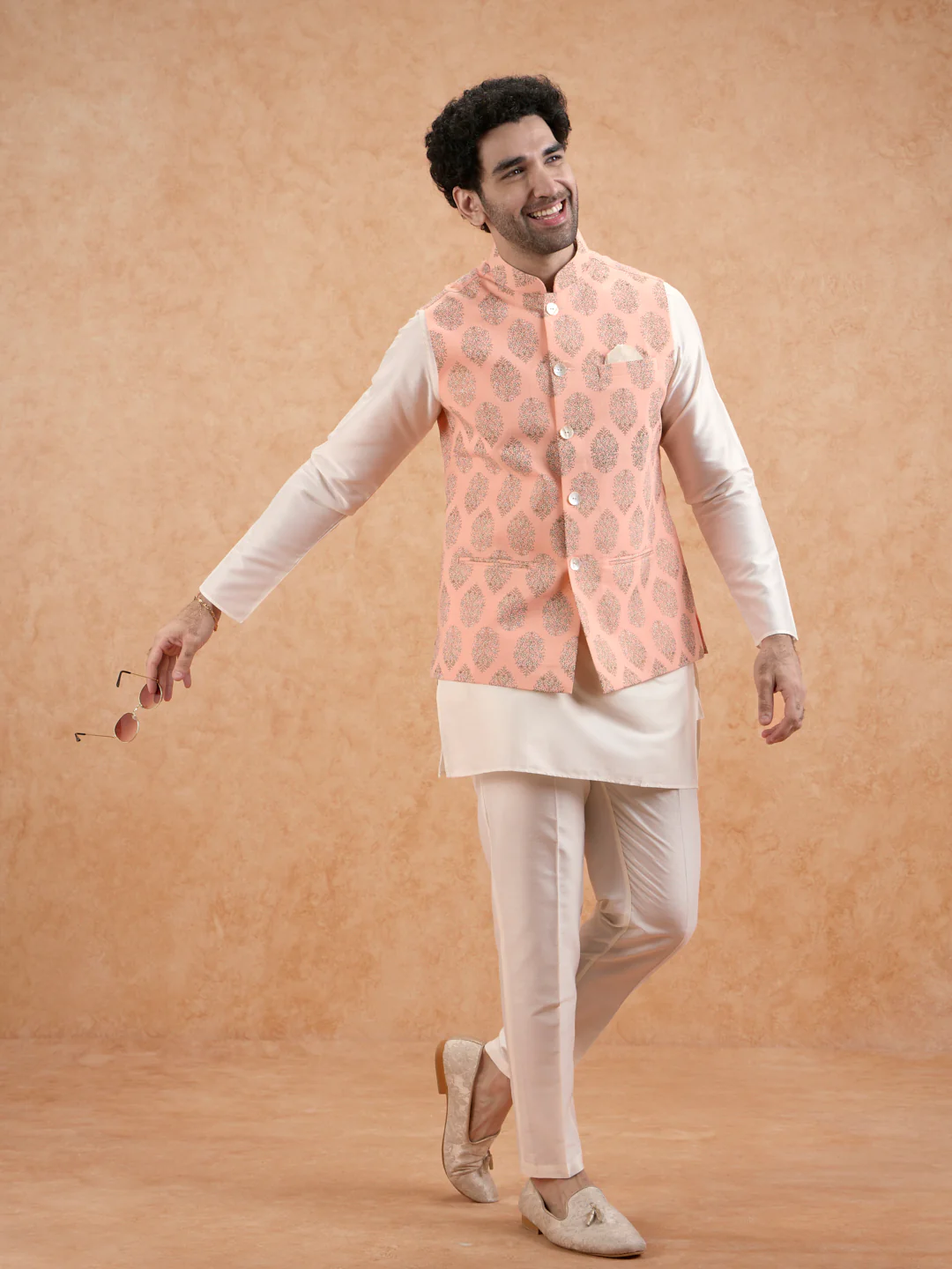 Peach Nehru Jacket with all over print - Image 7