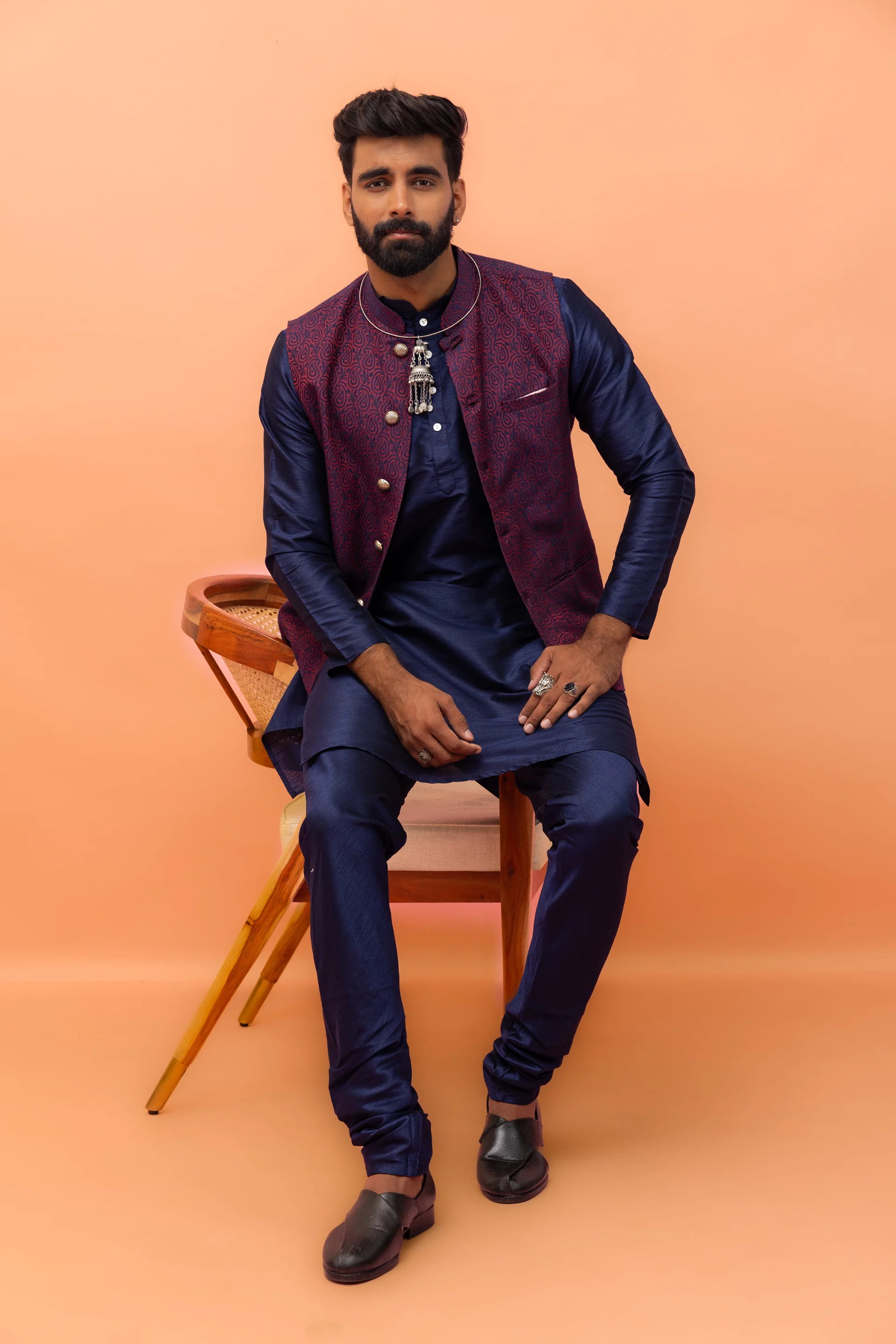 Wine Red Textured Nehru Jacket - Image 2