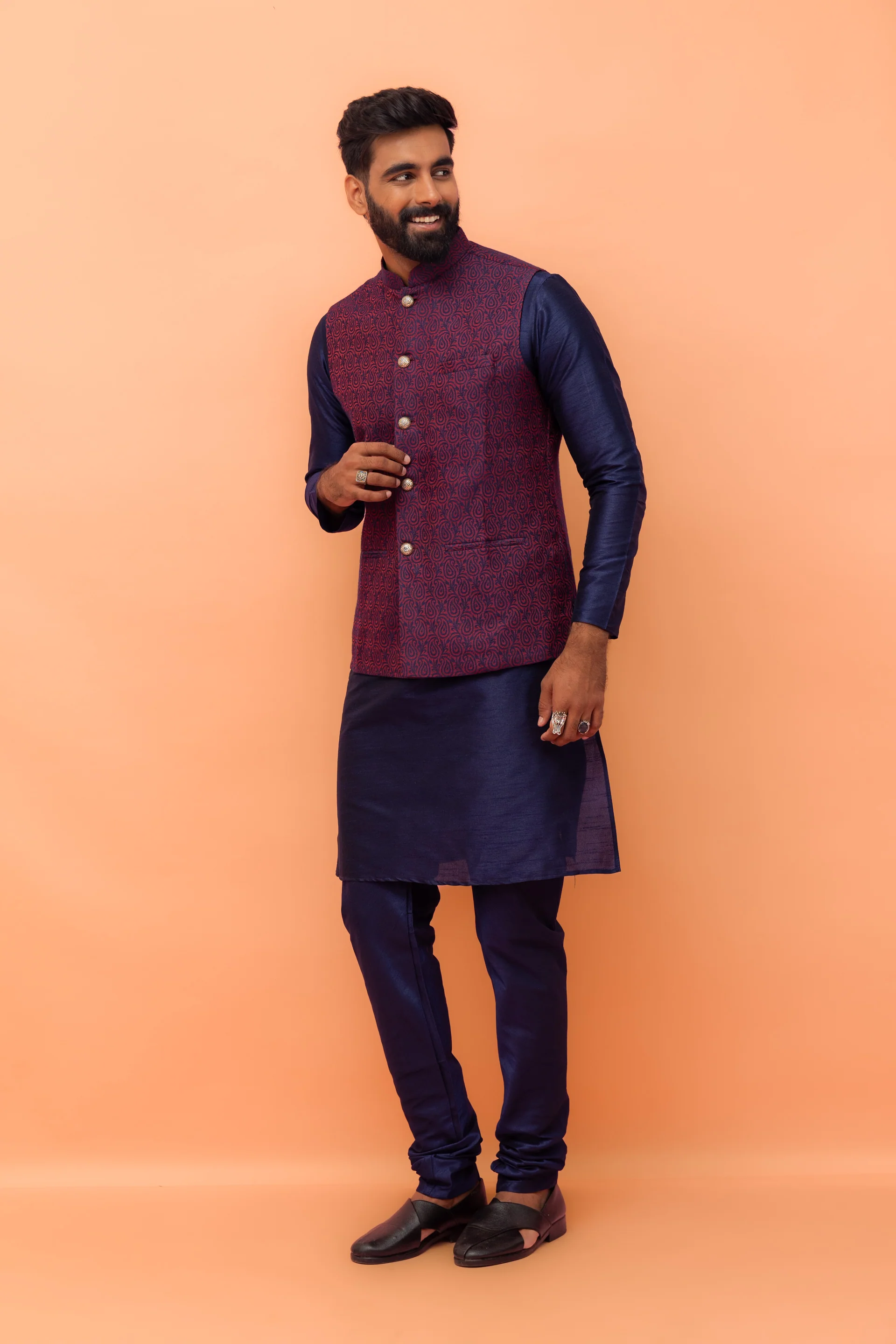 Wine Red Textured Nehru Jacket - Image 3
