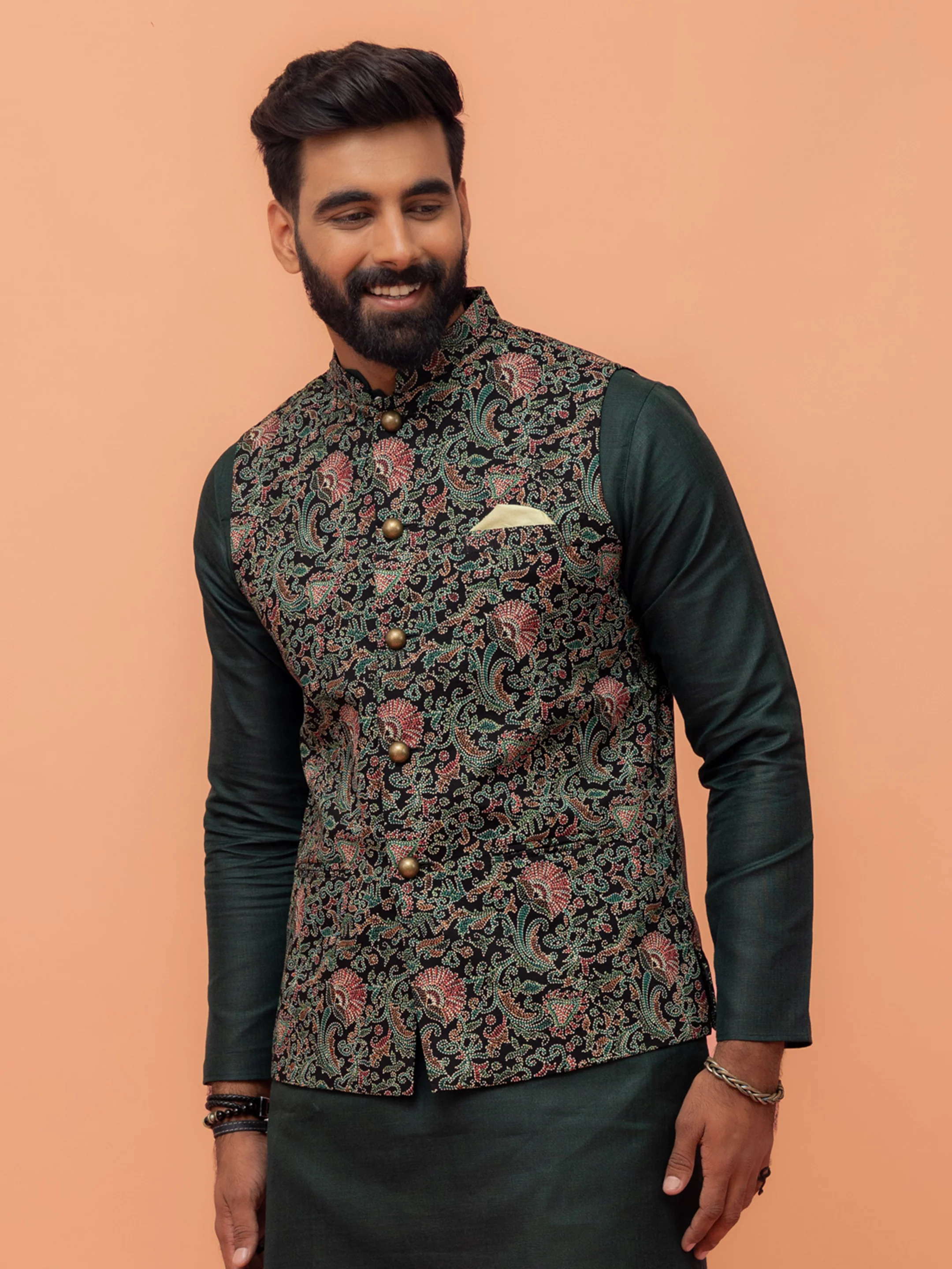 Black Multi-Color Printed Nehru Jacket - Image 2