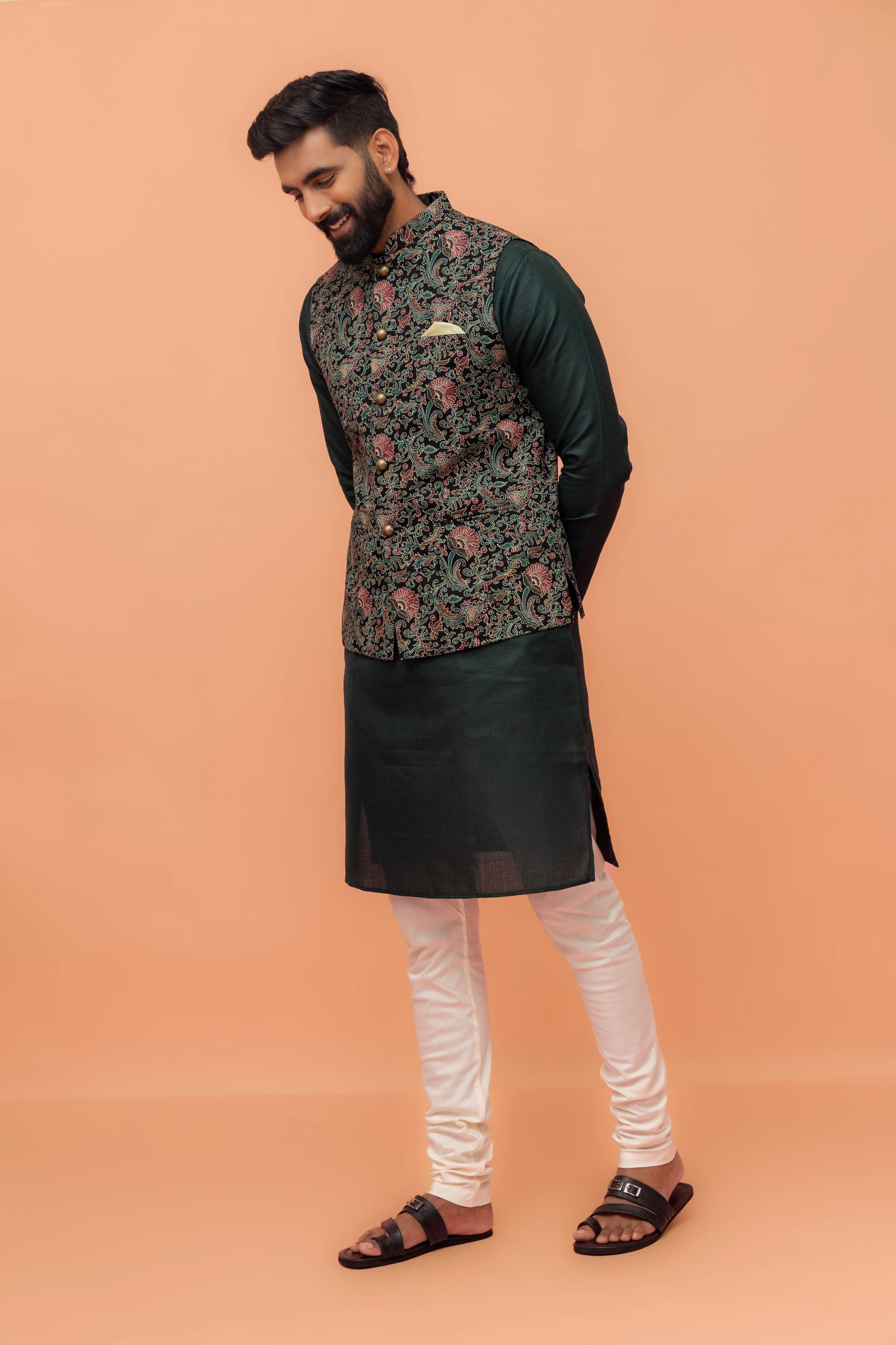 Black Multi-Color Printed Nehru Jacket - Image 4