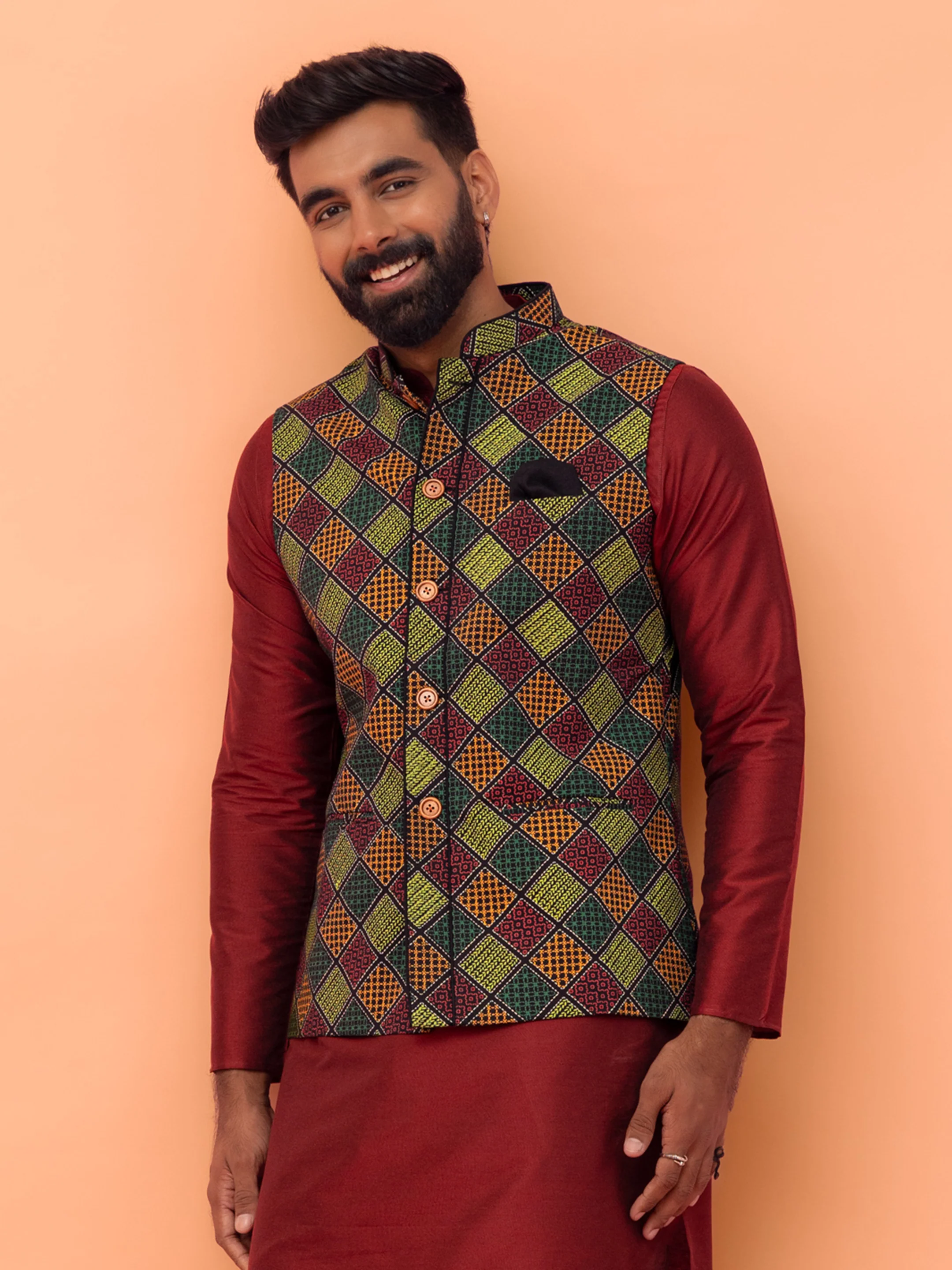Multicolor Geometric Printed Nehru Jacket