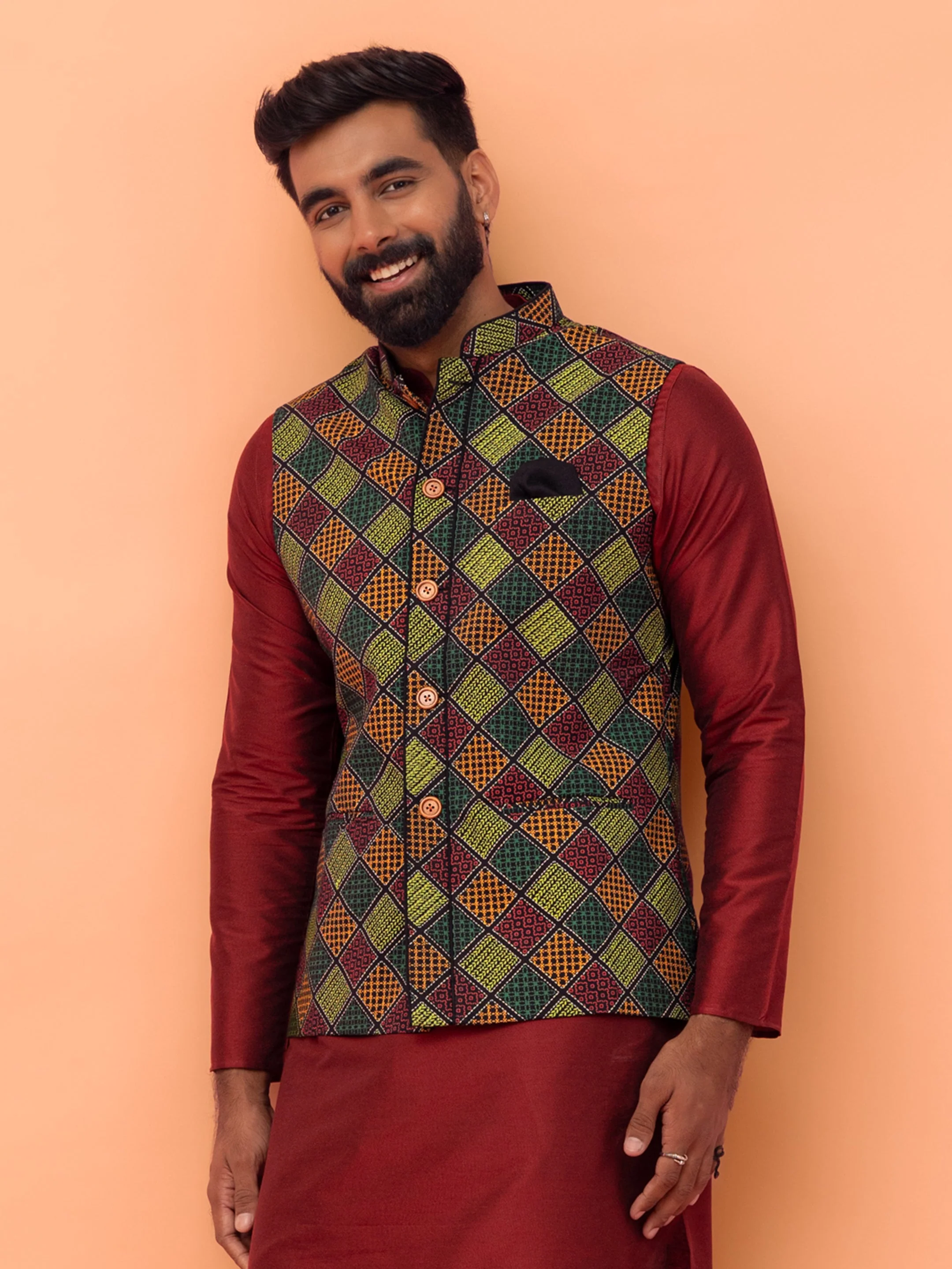 Multicolor Geometric Printed Nehru Jacket - Image 7