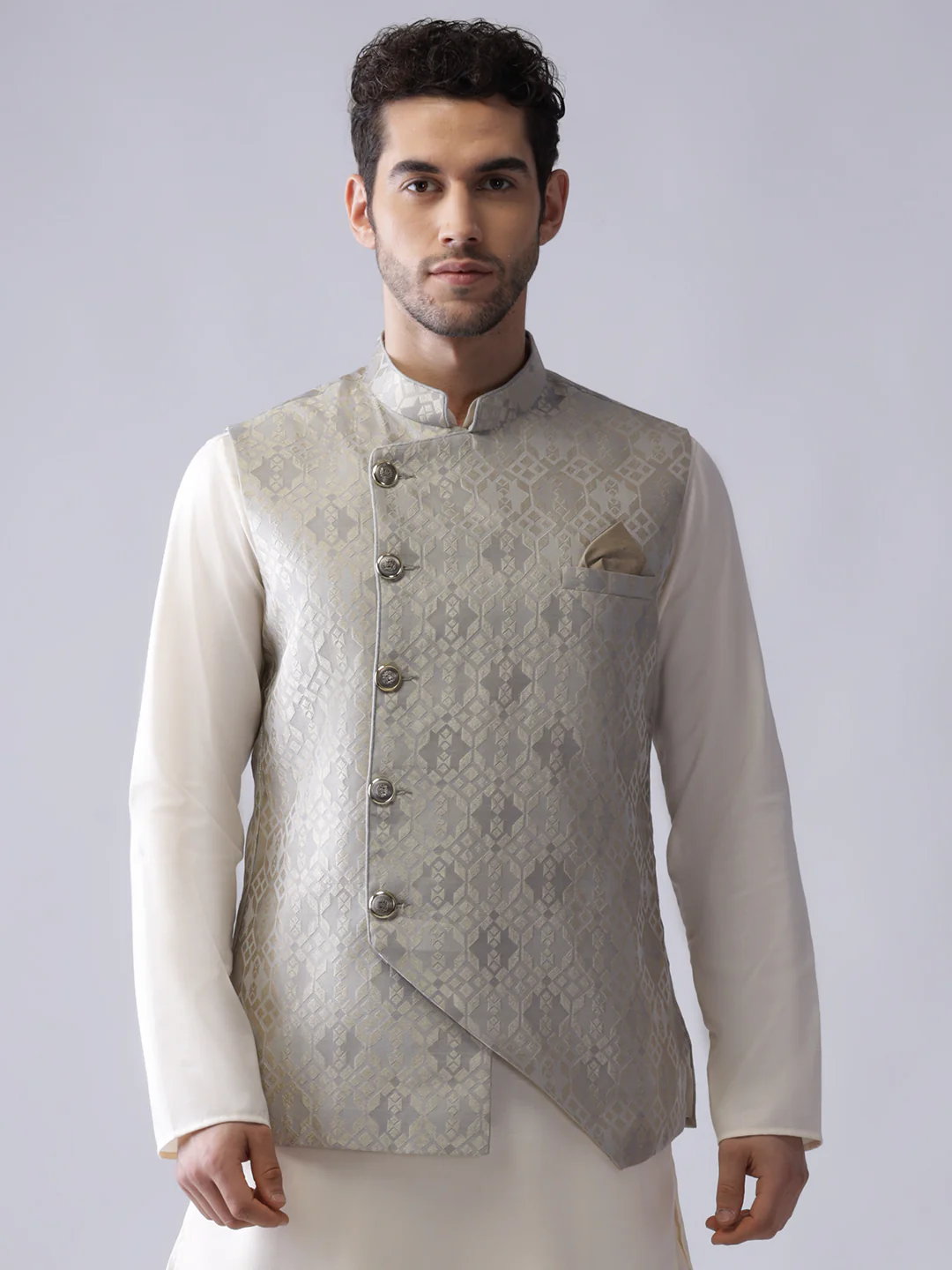 Men Grey Woven Design Nehru Jacket
