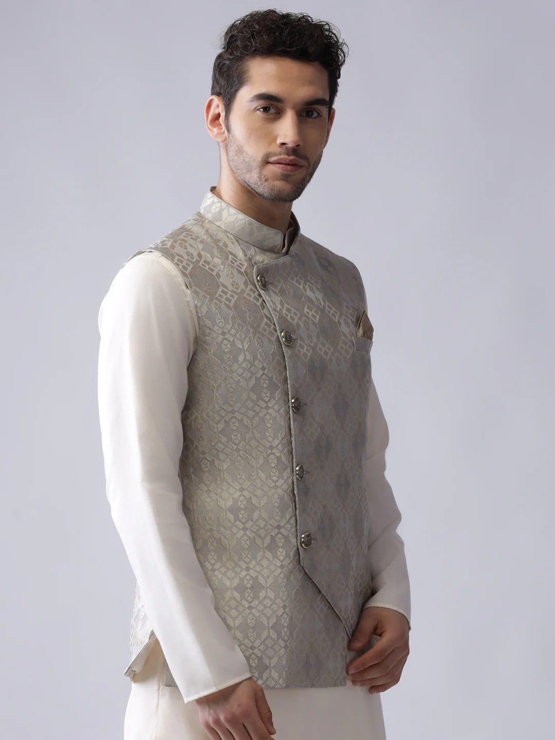 Men Grey Woven Design Nehru Jacket - Image 2