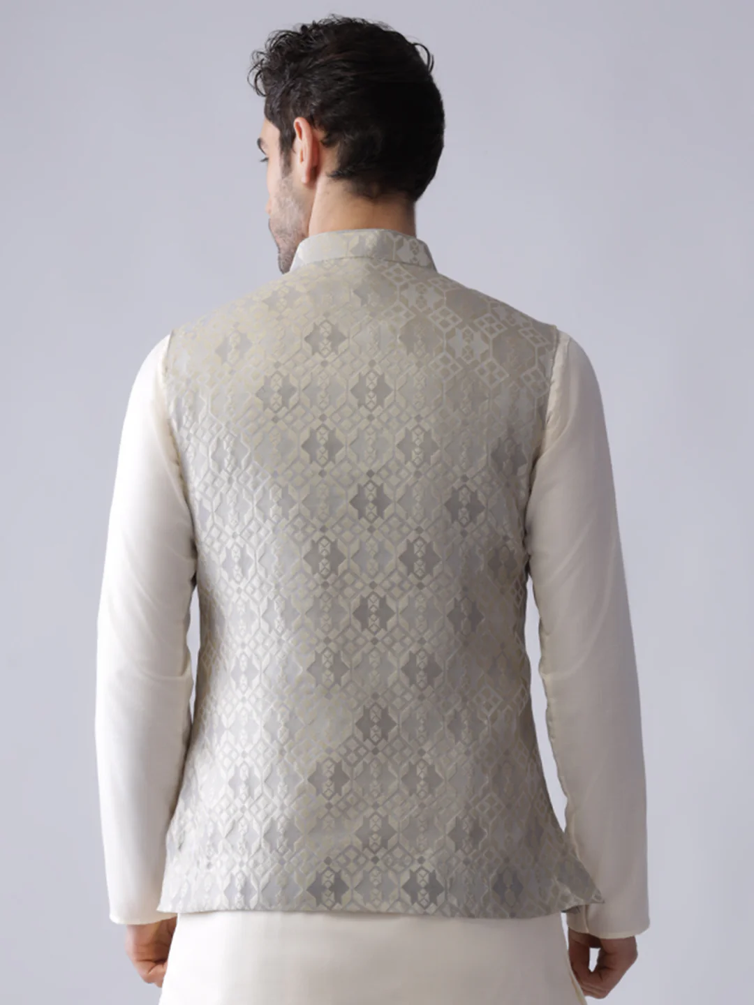 Men Grey Woven Design Nehru Jacket - Image 4