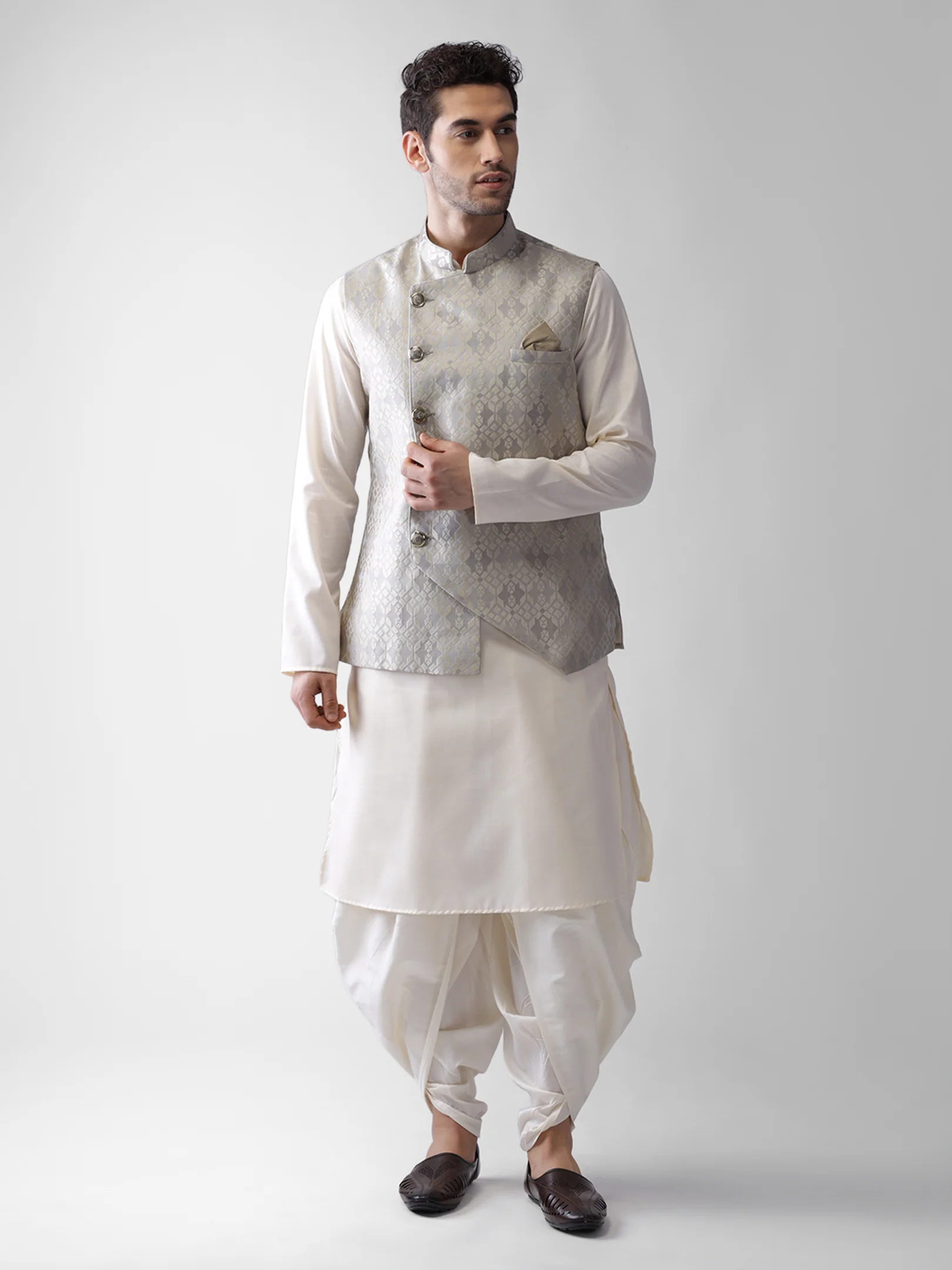 Men Grey Woven Design Nehru Jacket - Image 6