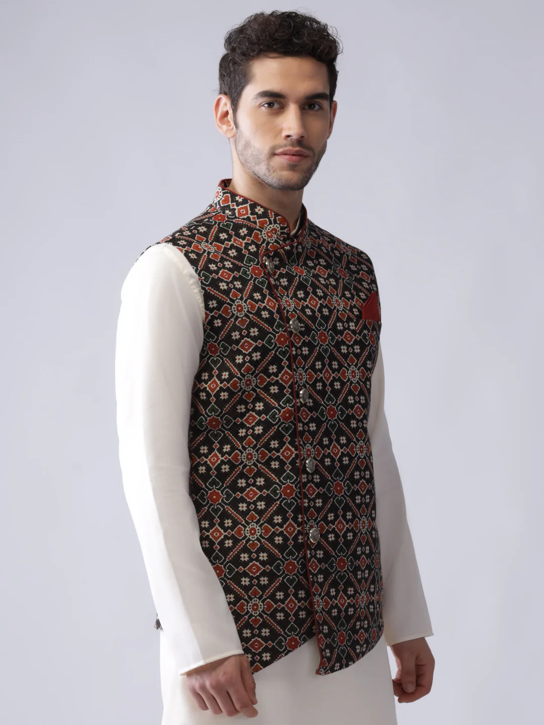 Men Black Printed Nehru Jacket - Image 2