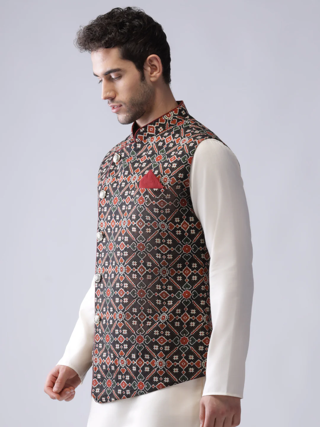 Men Black Printed Nehru Jacket - Image 3