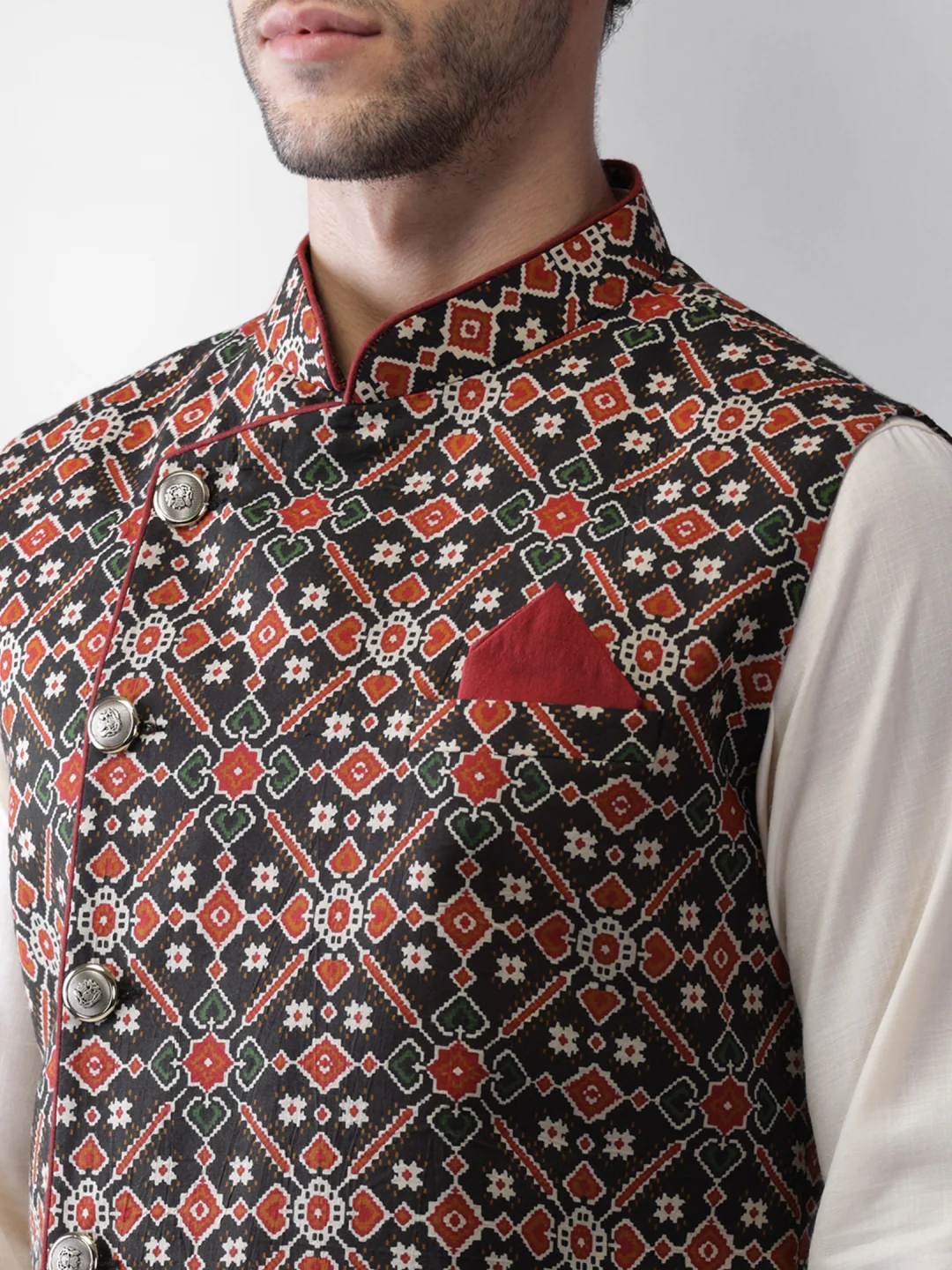 Men Black Printed Nehru Jacket - Image 5