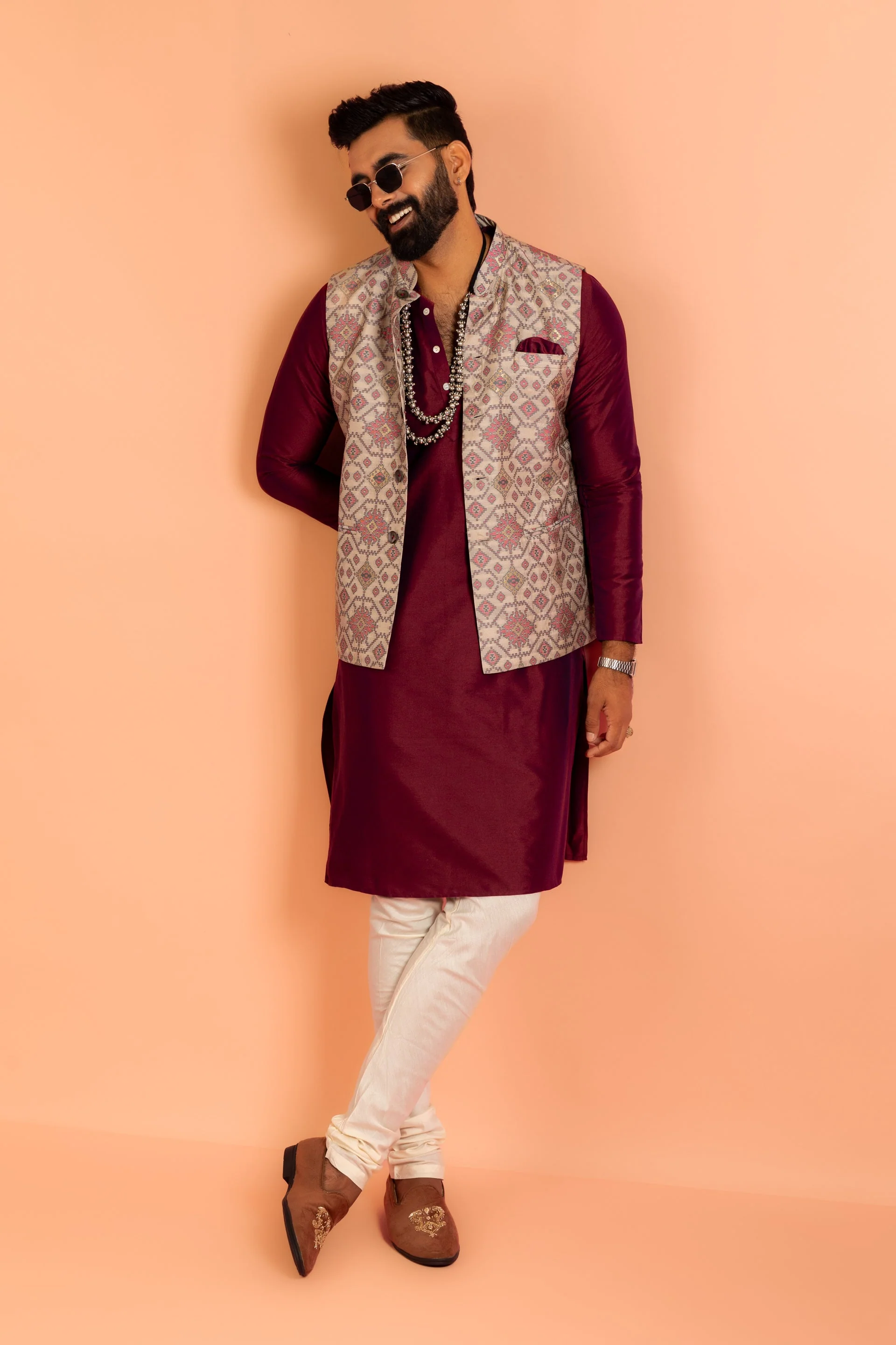 Men Grey Woven Design Nehru Jacket - Image 10