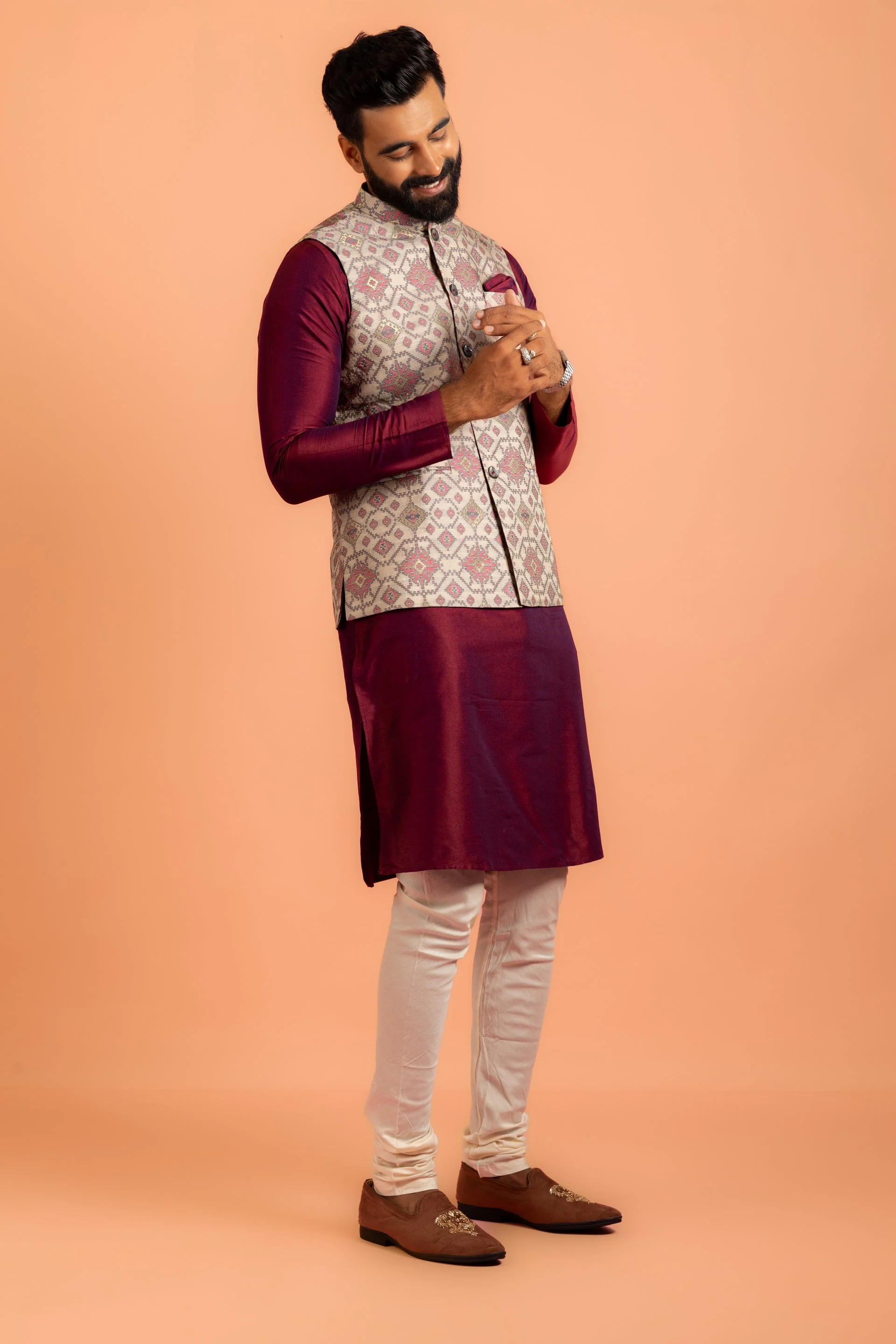 Men Grey Woven Design Nehru Jacket - Image 12