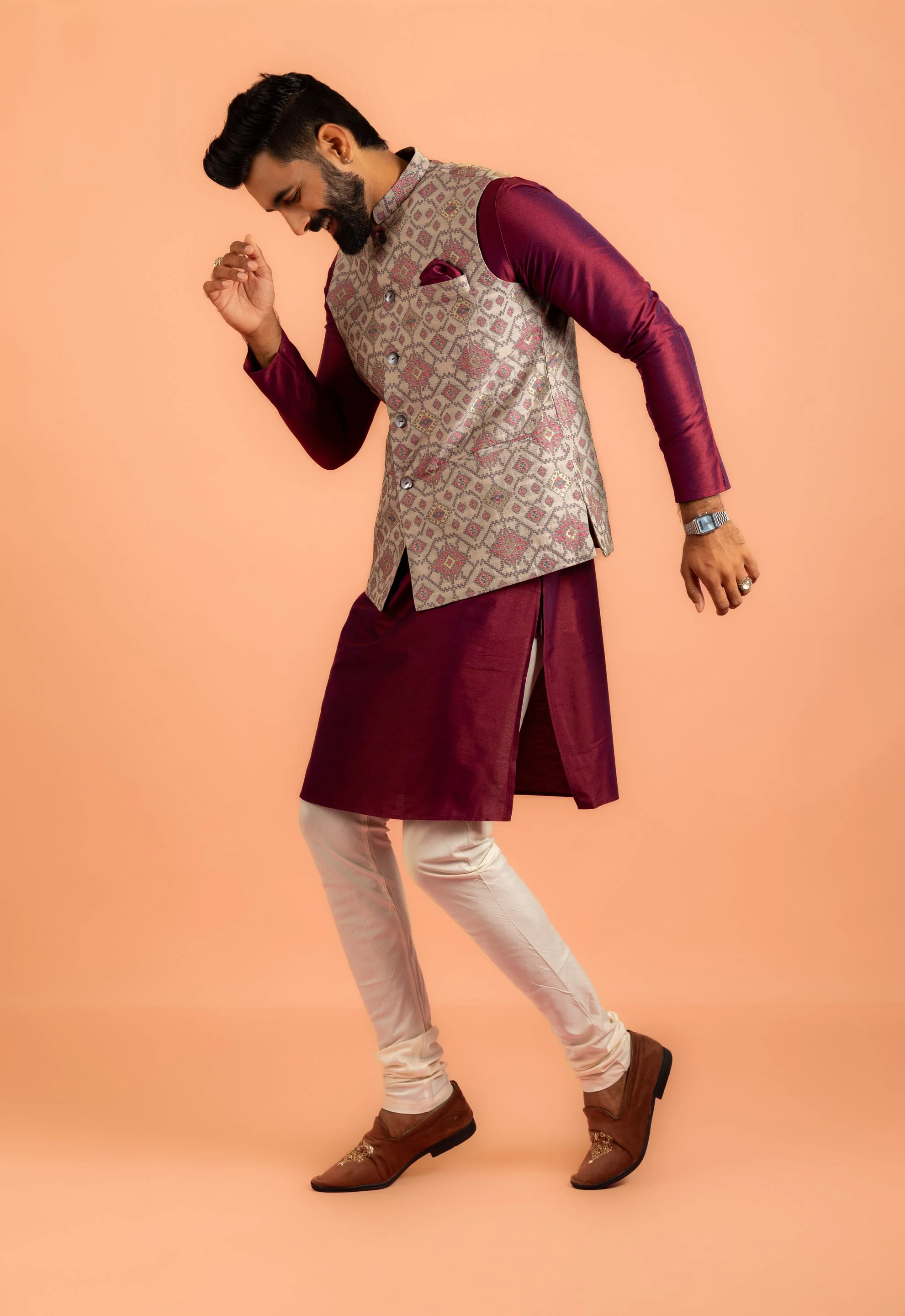 Men Grey Woven Design Nehru Jacket - Image 19