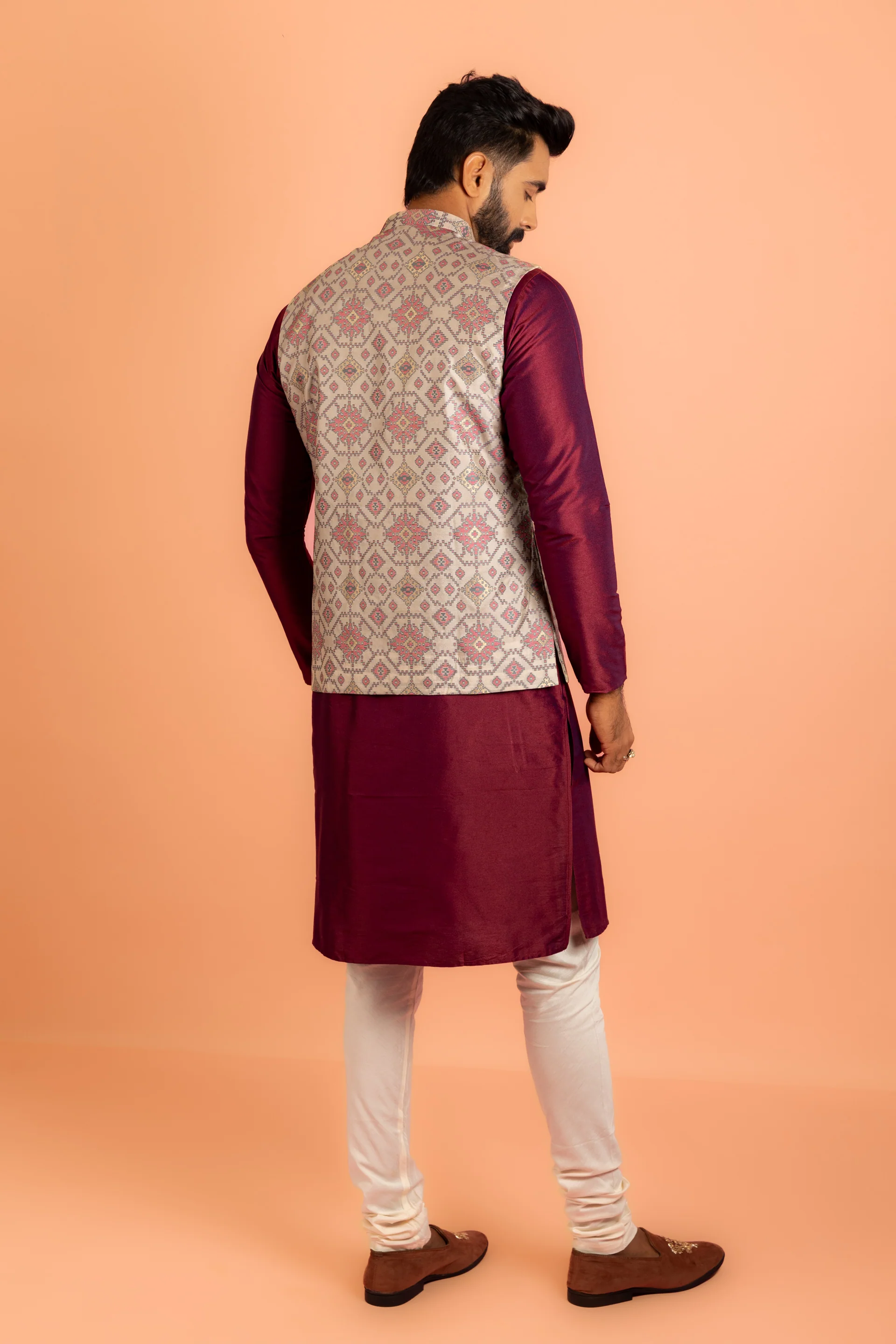 Men Grey Woven Design Nehru Jacket - Image 5