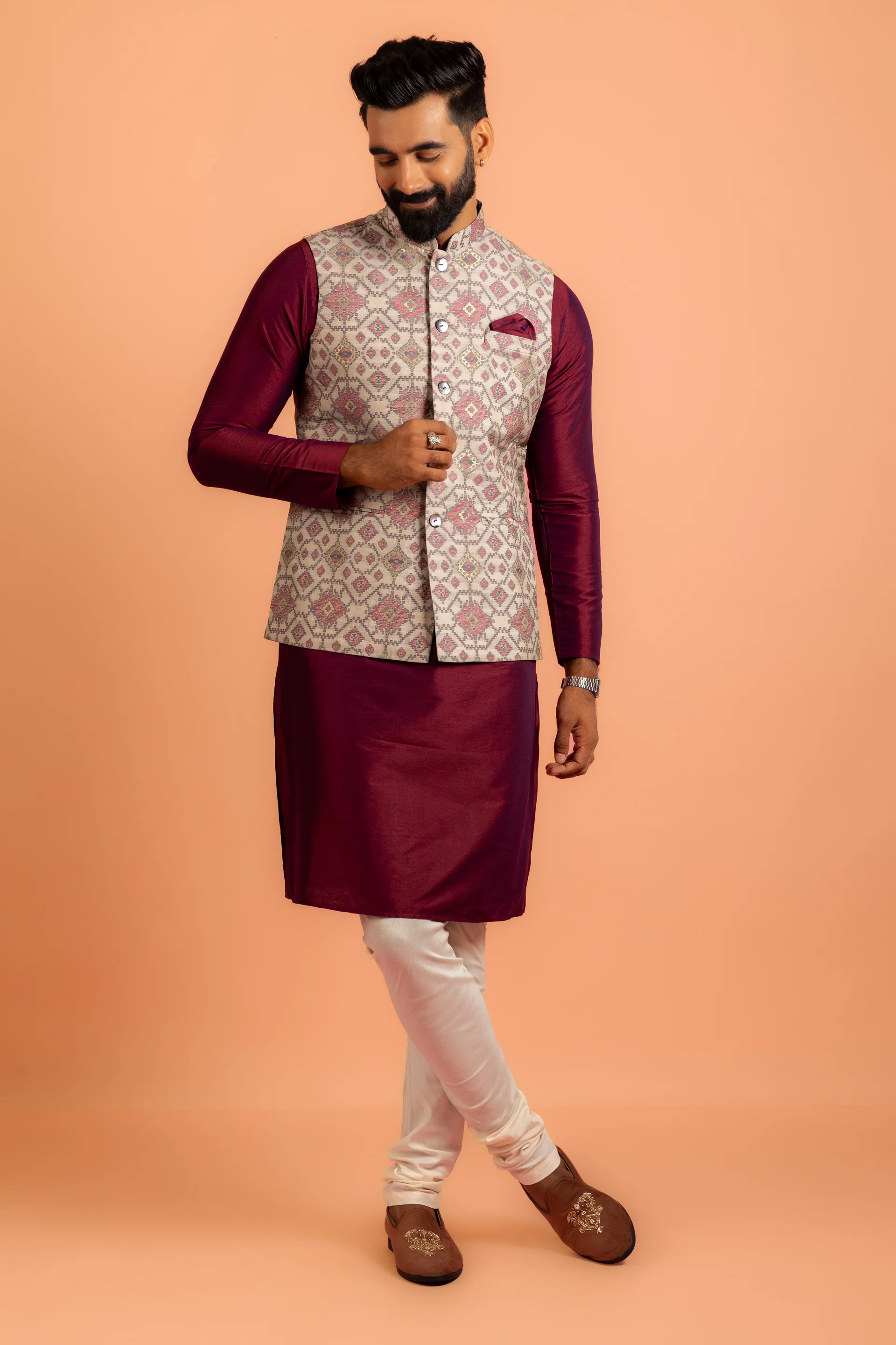 Men Grey Woven Design Nehru Jacket - Image 8