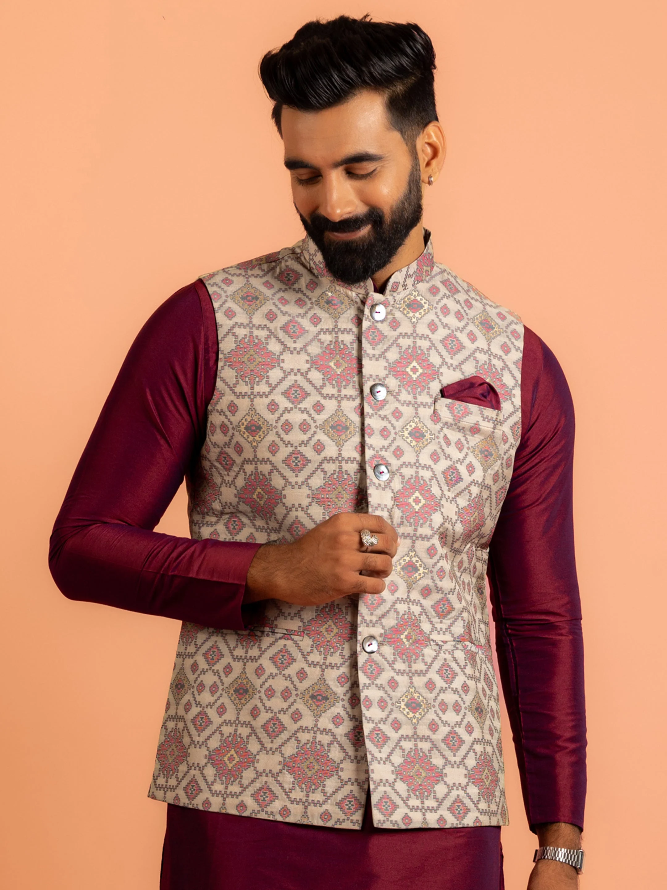 Men Grey Woven Design Nehru Jacket - Image 9