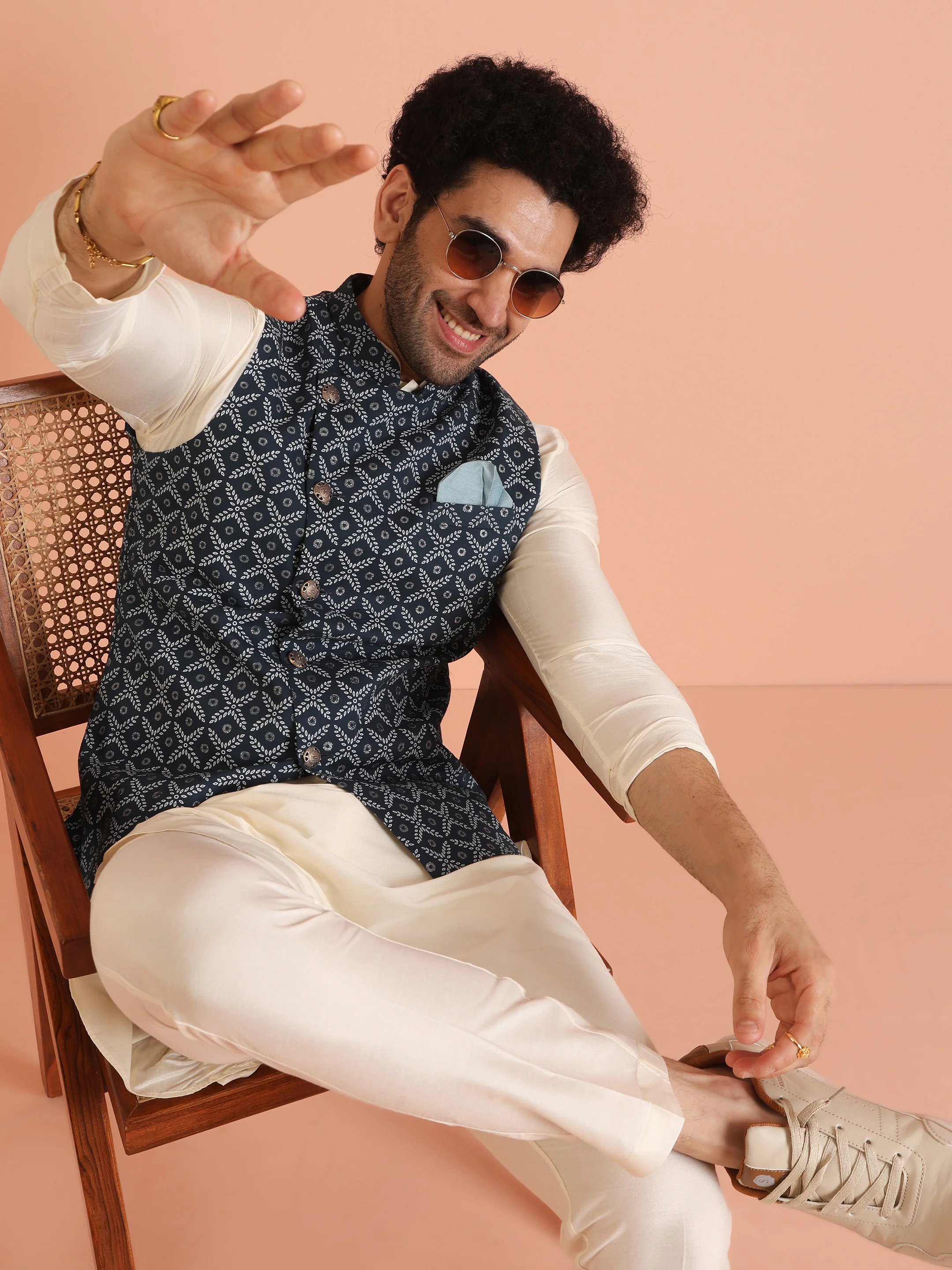 Blue Cotton Printed Nehru Jacket Bundi - Image 2