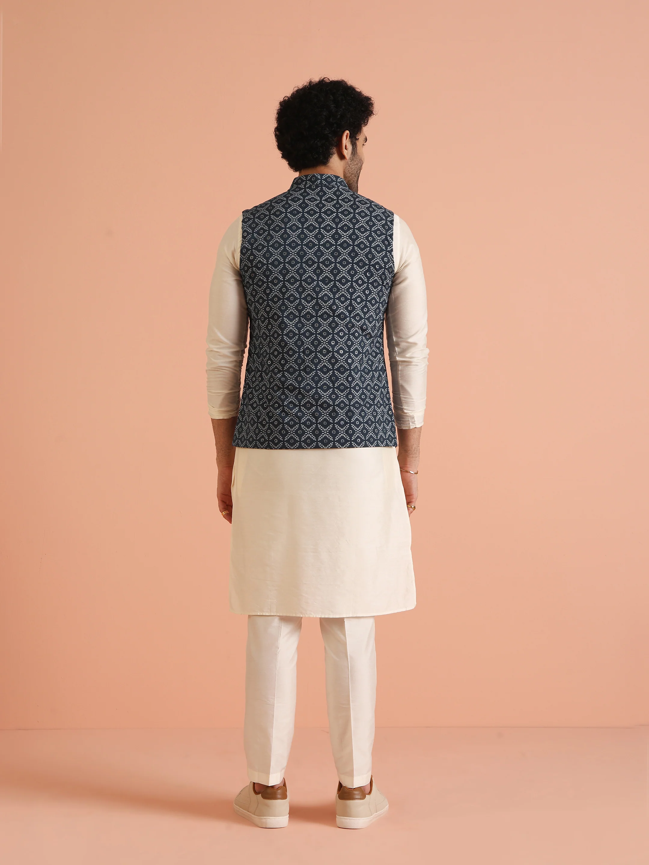 Blue Cotton Printed Nehru Jacket Bundi - Image 4