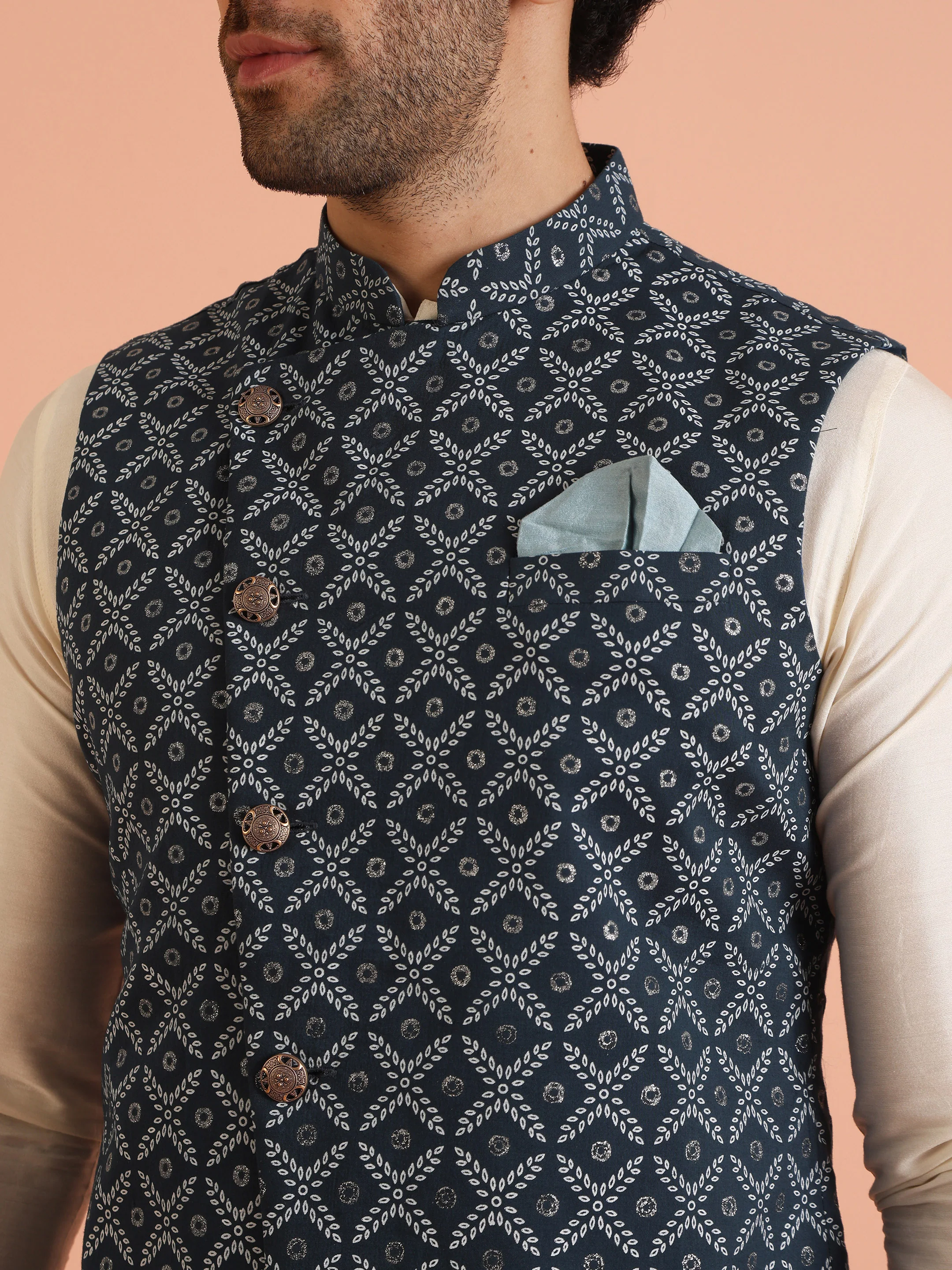 Blue Cotton Printed Nehru Jacket Bundi - Image 5