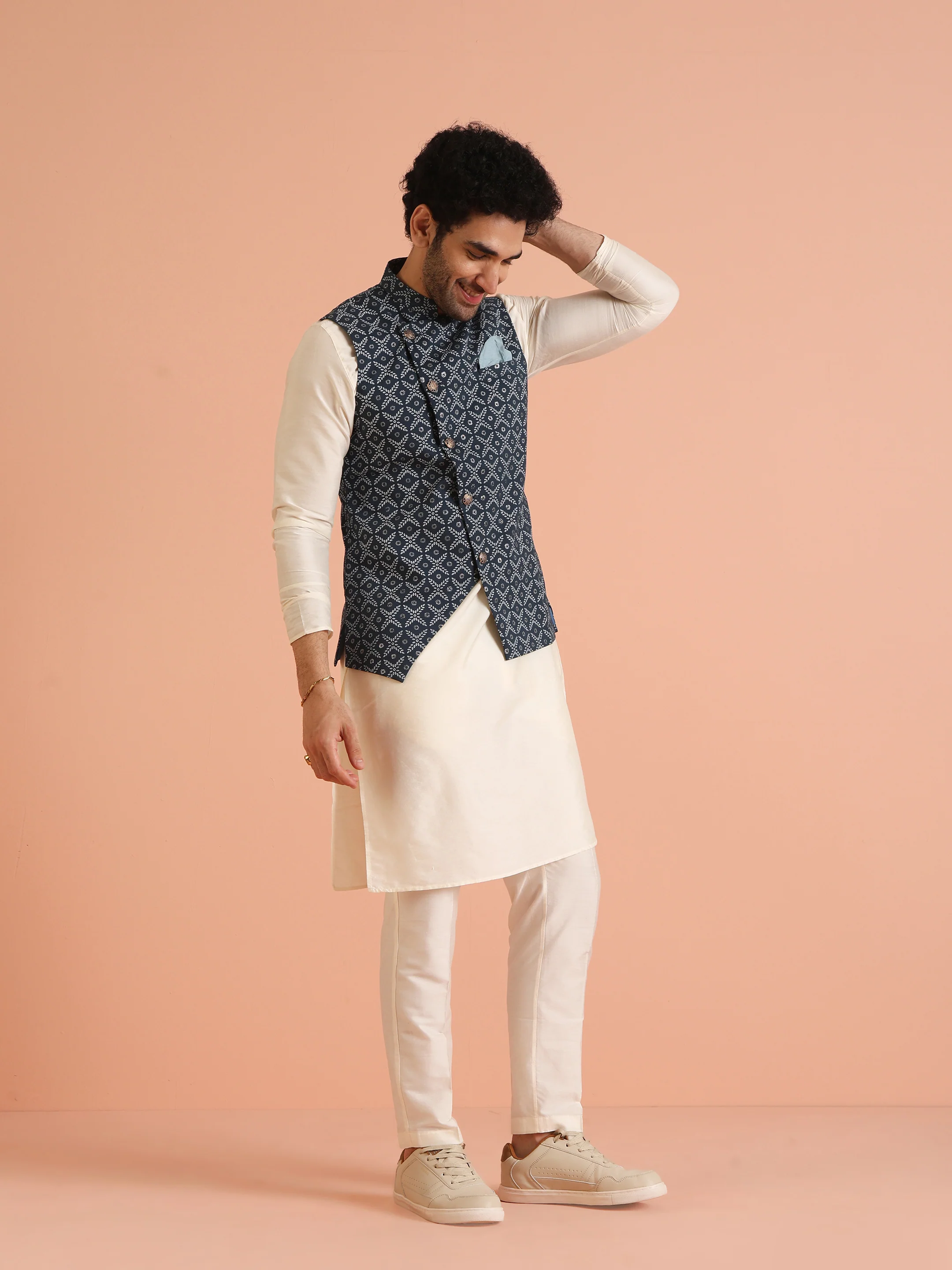 Blue Cotton Printed Nehru Jacket Bundi - Image 6