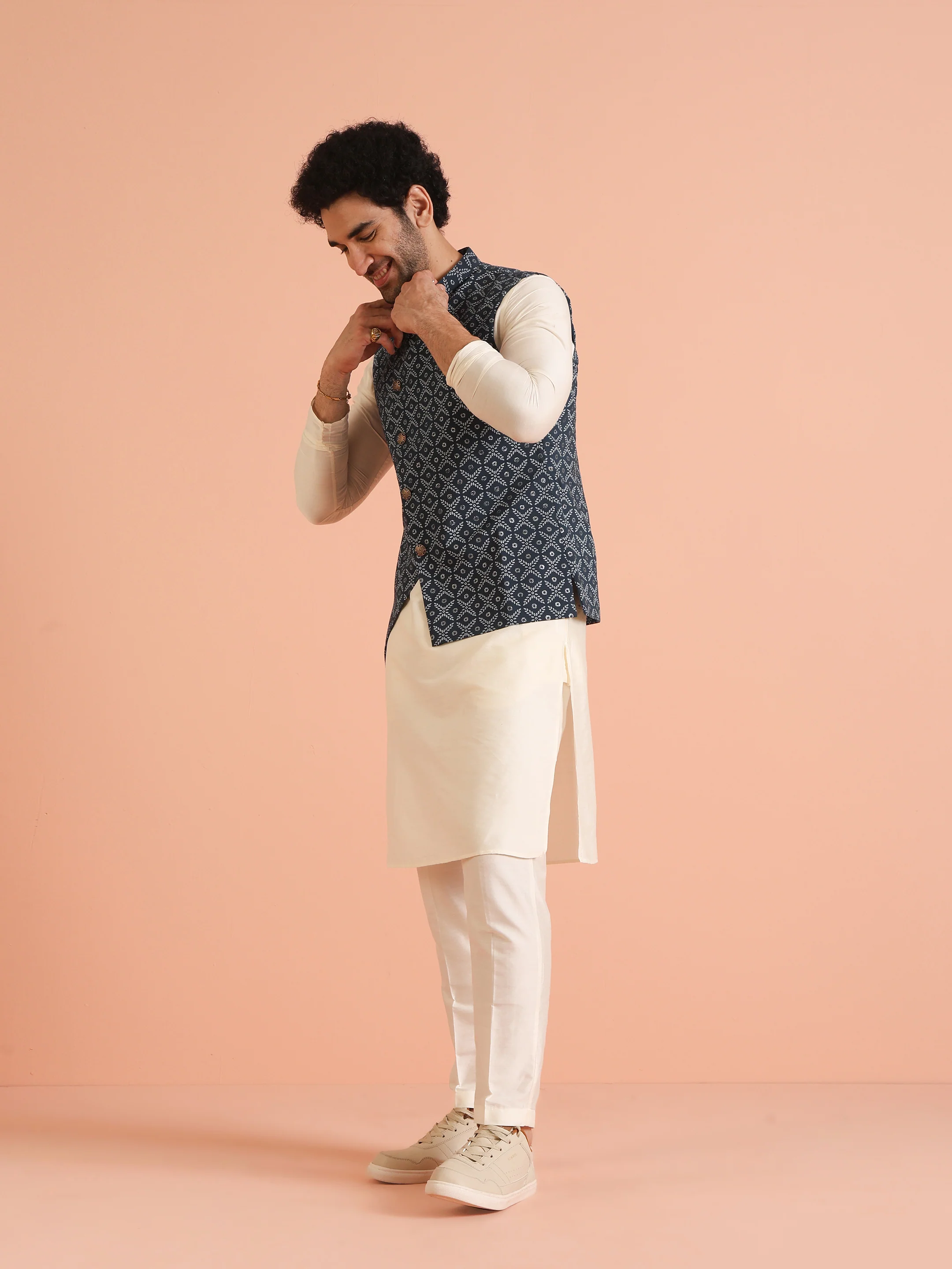 Blue Cotton Printed Nehru Jacket Bundi - Image 7