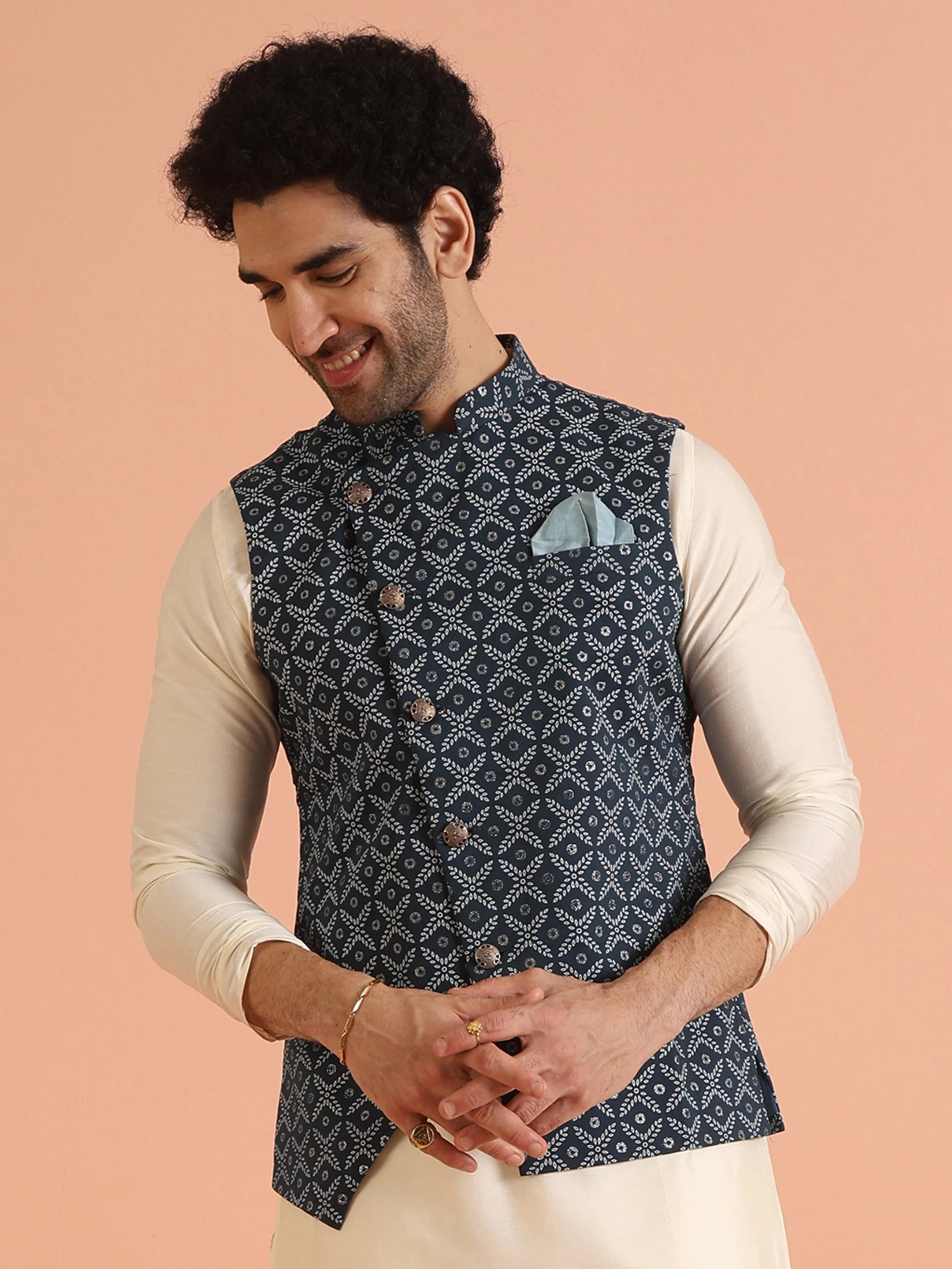 Blue Cotton Printed Nehru Jacket Bundi - Image 8