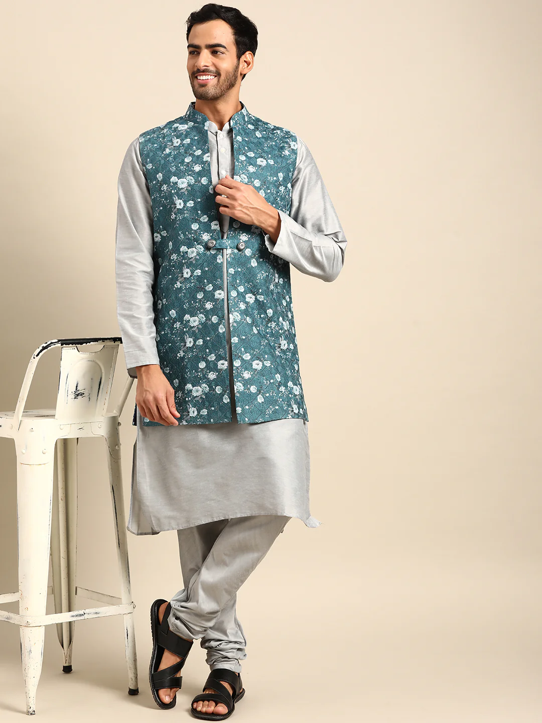Men Turquoise Blue Nehru Jacket - Image 2