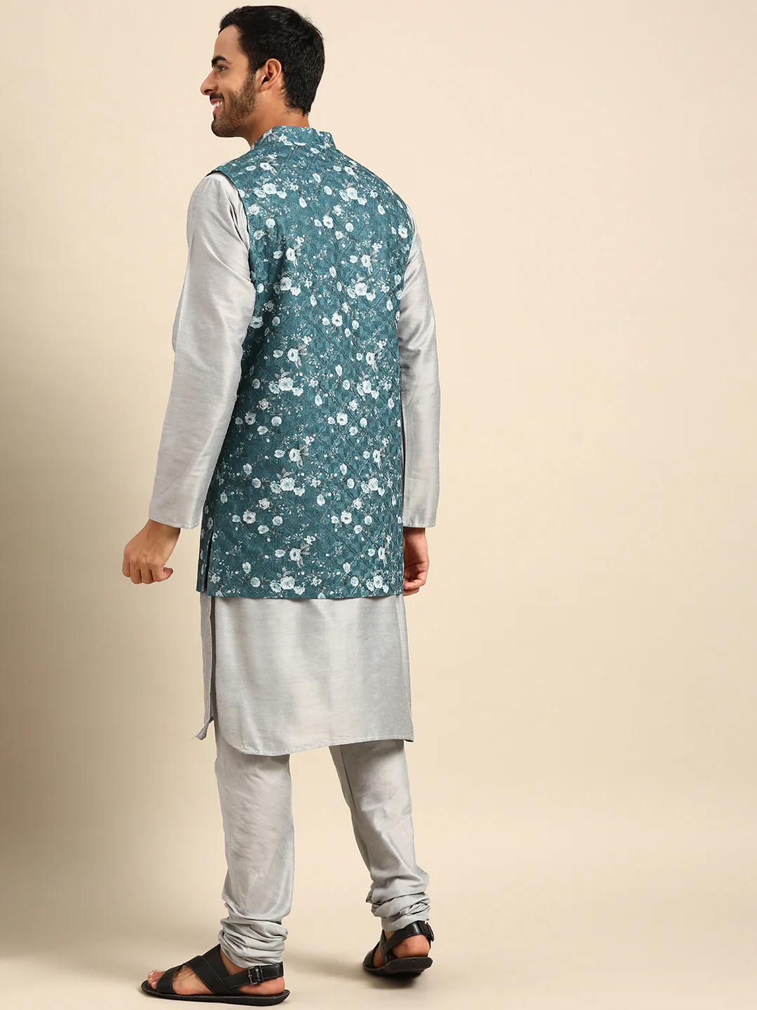 Men Turquoise Blue Nehru Jacket - Image 9