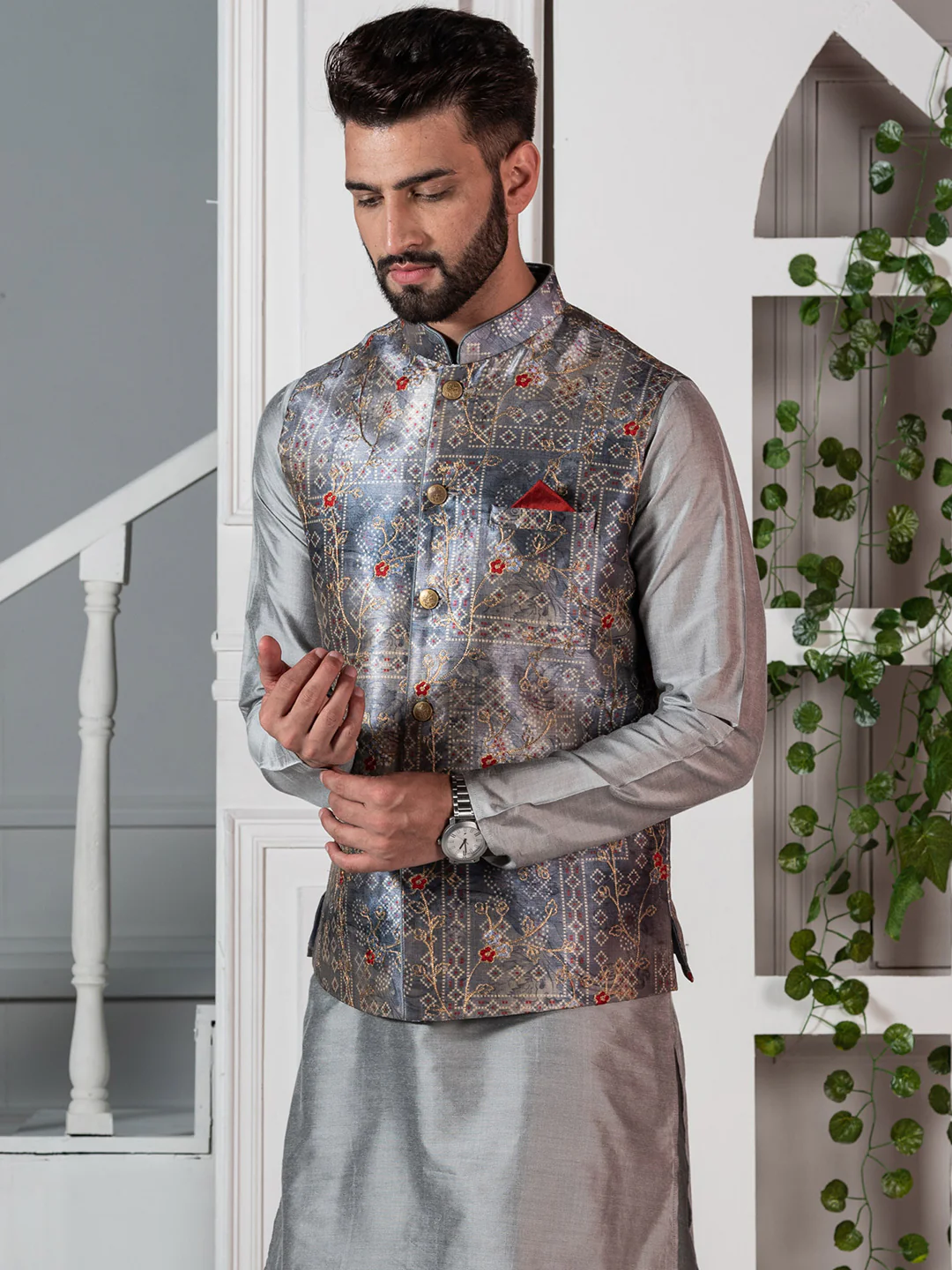 Men Grey Traditional Motifs Nehru Jacket