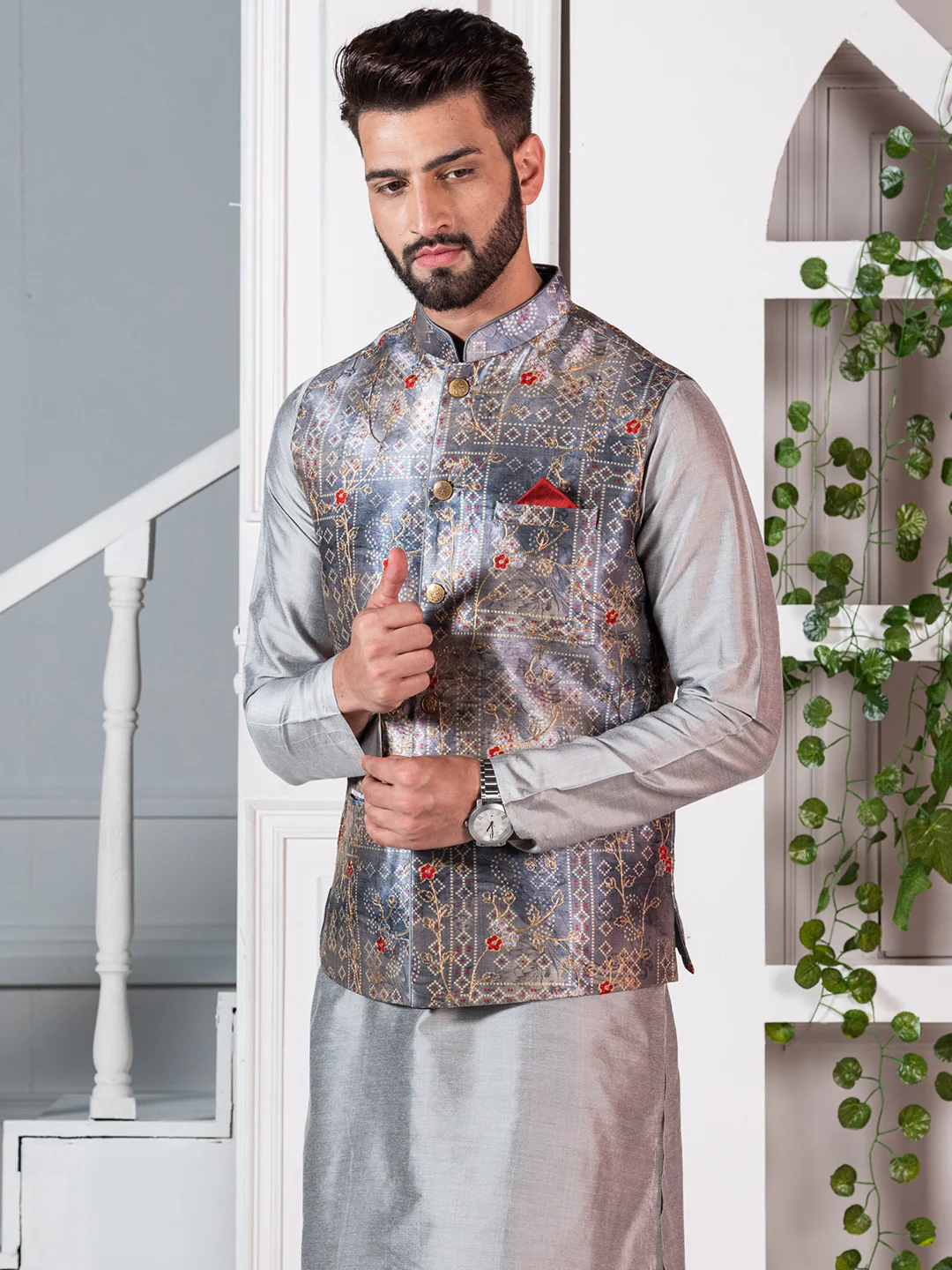Men Grey Traditional Motifs Nehru Jacket - Image 3