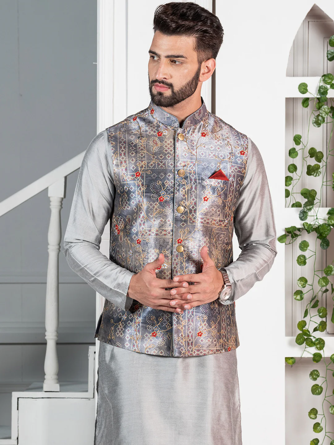 Men Grey Traditional Motifs Nehru Jacket - Image 4