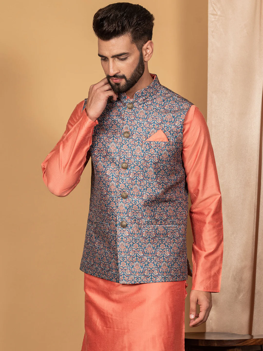 Men Blue Traditional Motifs Nehru Jacket