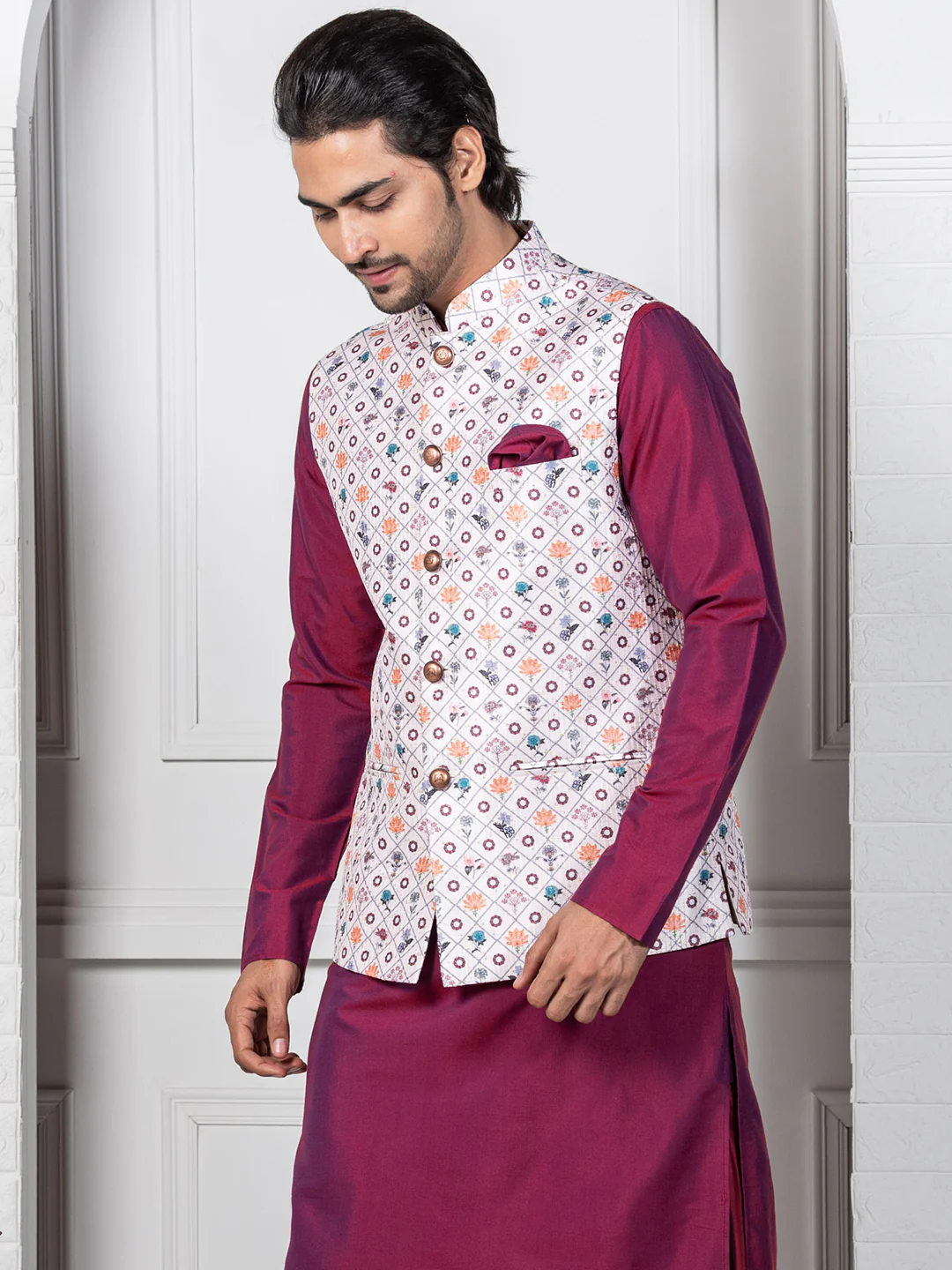Men White Geometric Nehru Jacket - Image 2