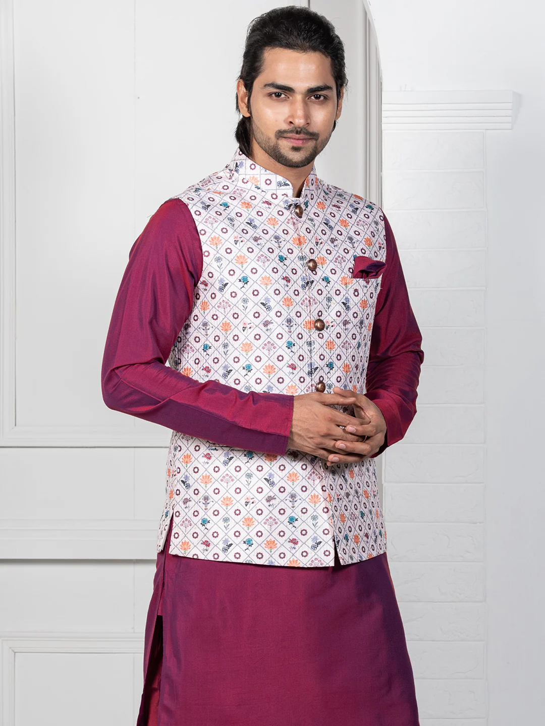 Men White Geometric Nehru Jacket - Image 3