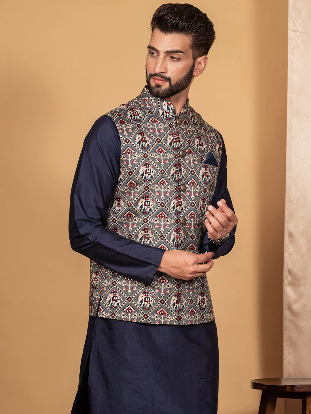 Men Grey Traditional Motifs Nehru Jacket - Image 2