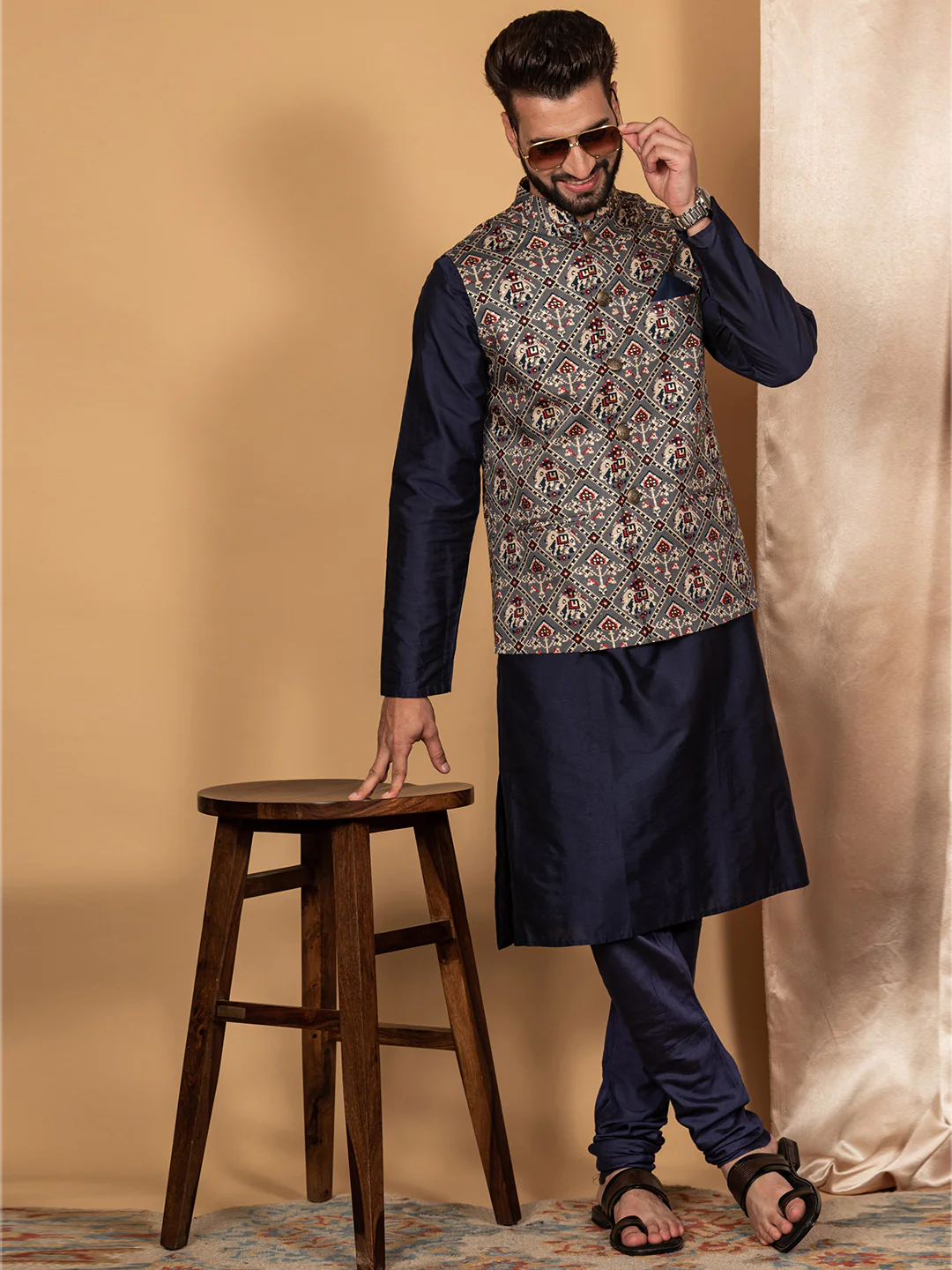 Men Grey Traditional Motifs Nehru Jacket - Image 3