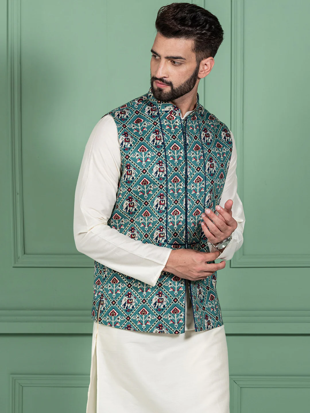 Men Green Traditional Motifs Nehru Jacket - Image 2