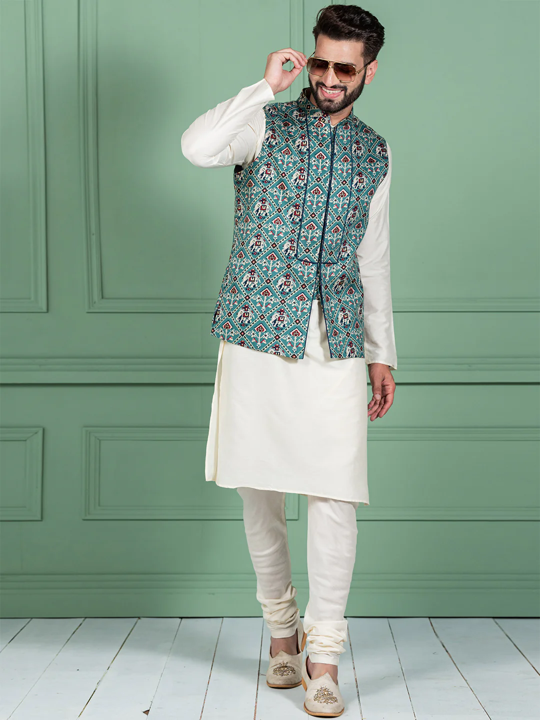 Men Green Traditional Motifs Nehru Jacket - Image 3