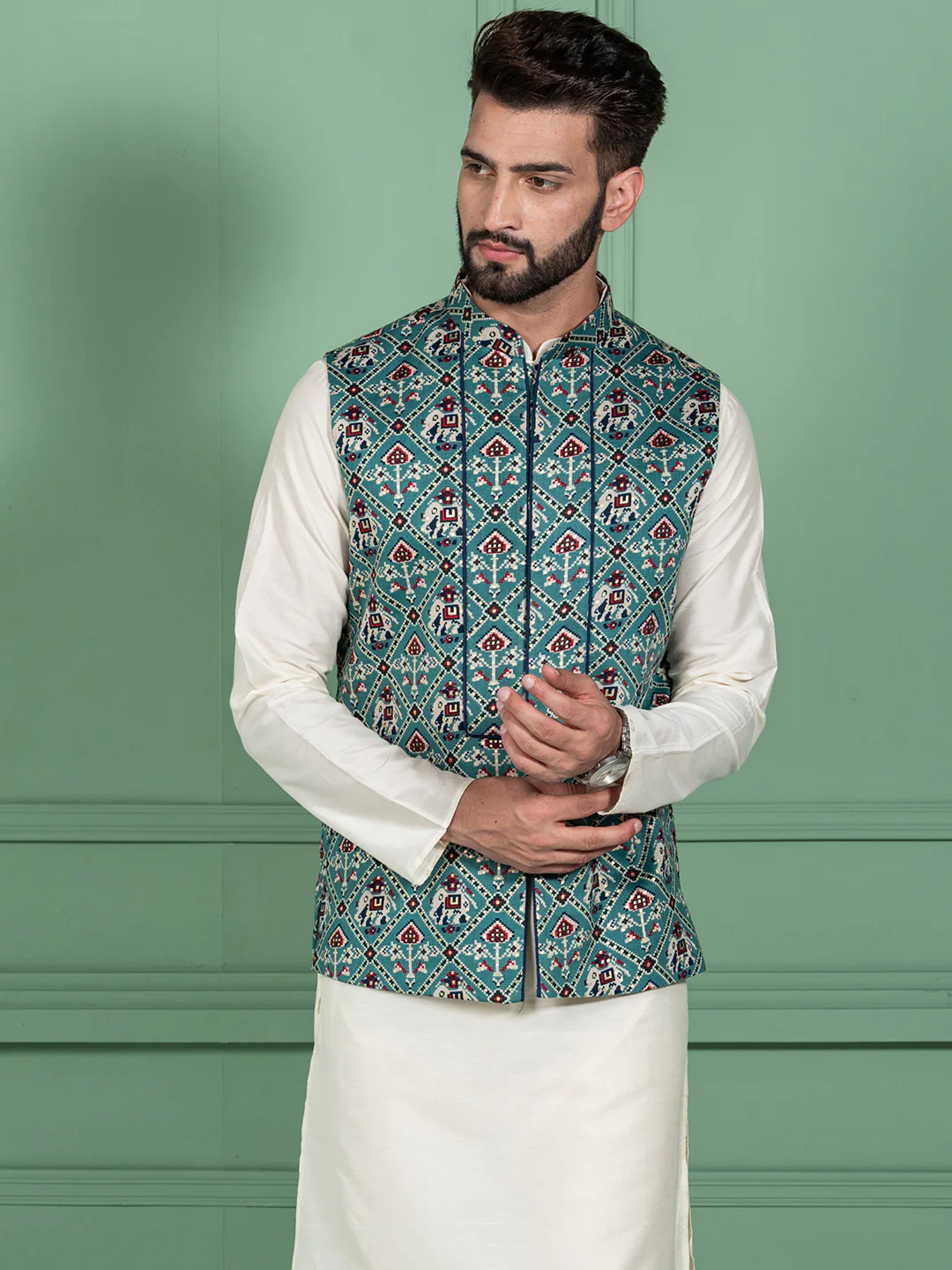 Men Green Traditional Motifs Nehru Jacket - Image 4