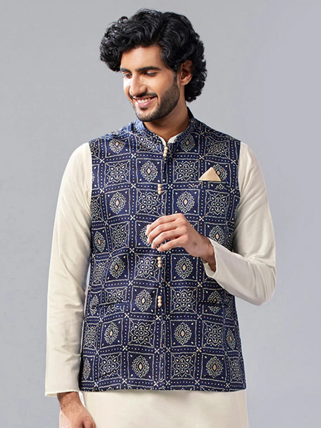 Men Navy Blue Abstract Nehru Jacket