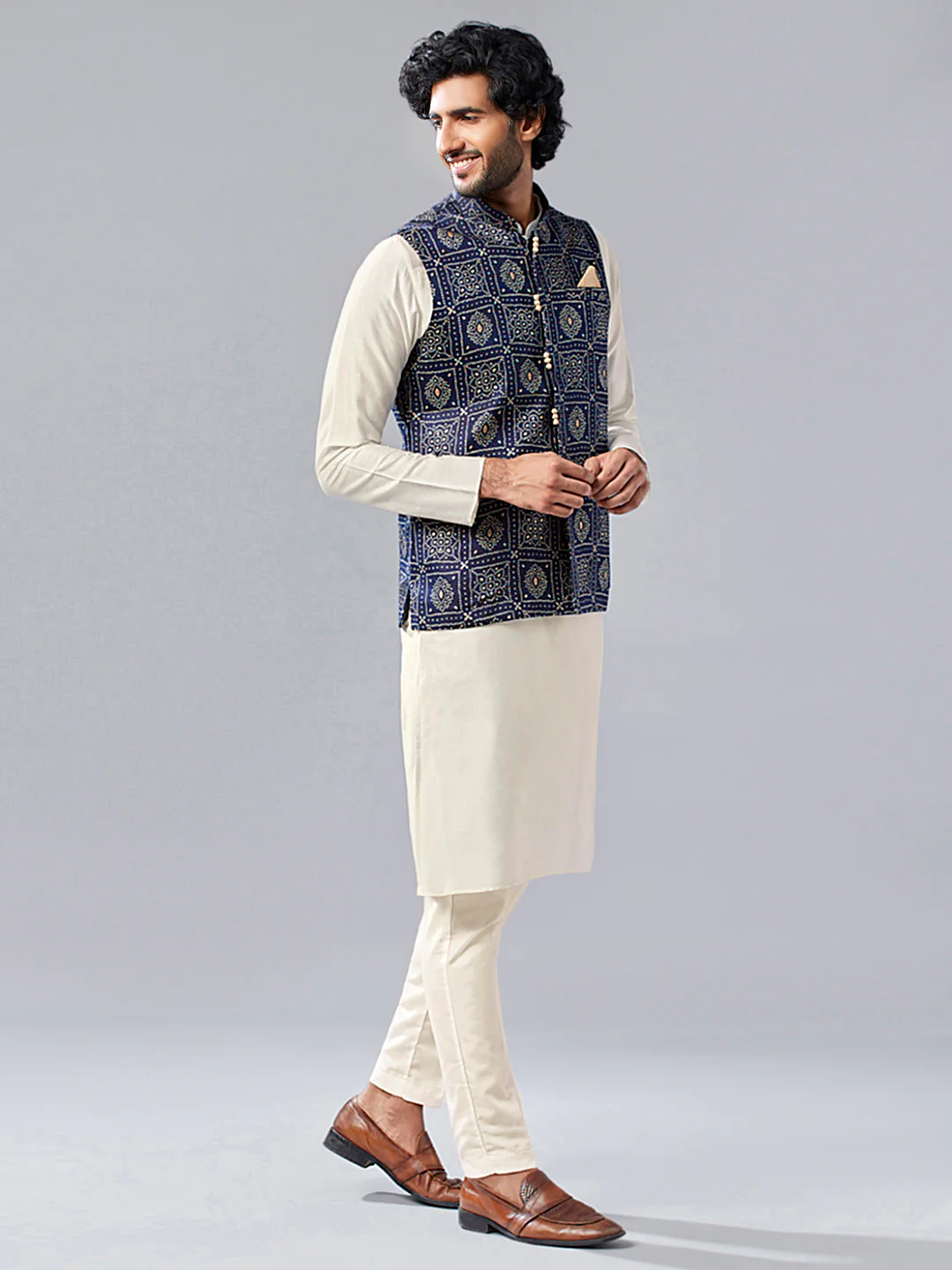 Men Navy Blue Abstract Nehru Jacket - Image 4
