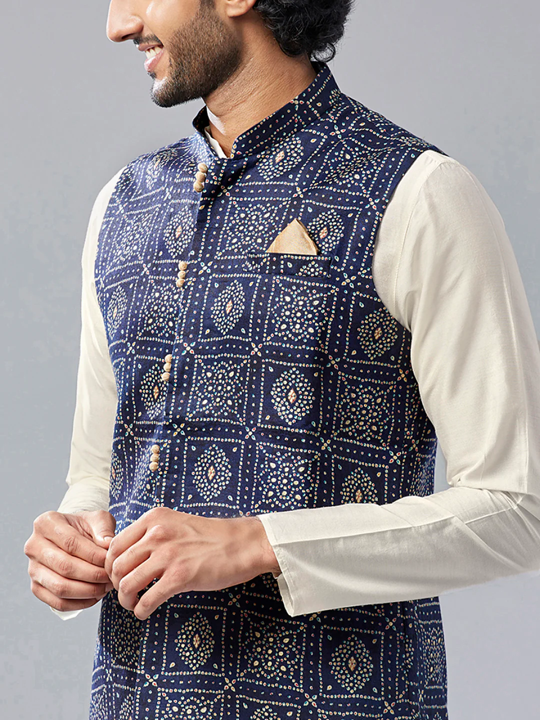 Men Navy Blue Abstract Nehru Jacket - Image 5