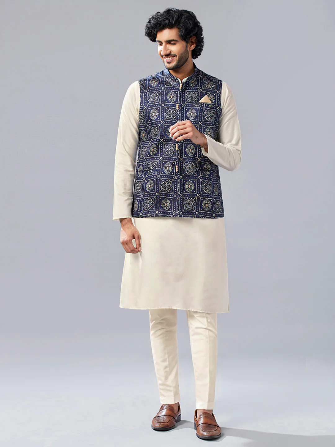 Men Navy Blue Abstract Nehru Jacket - Image 6