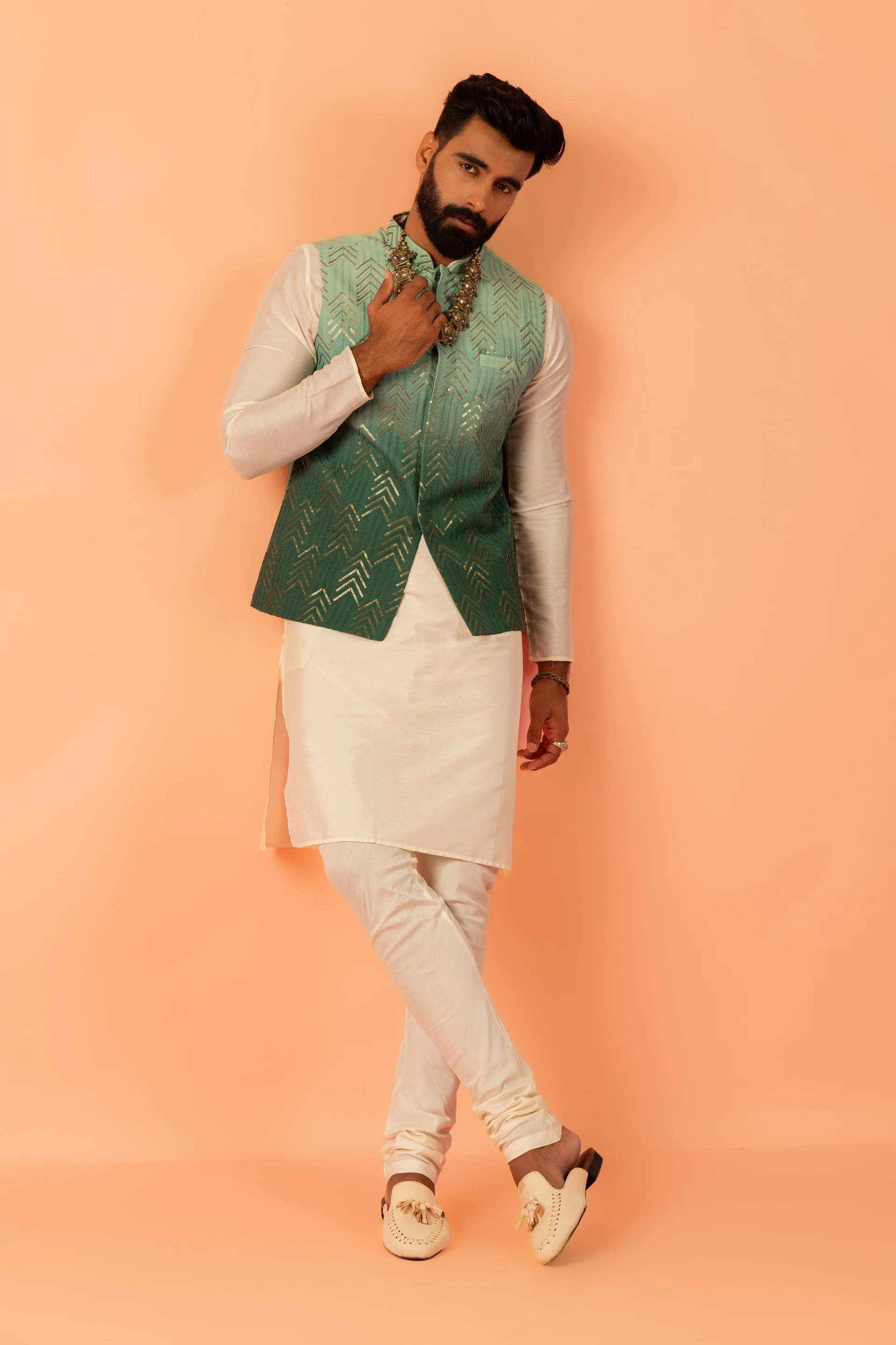 Men Green Ombre Nehru Jacket - Image 3
