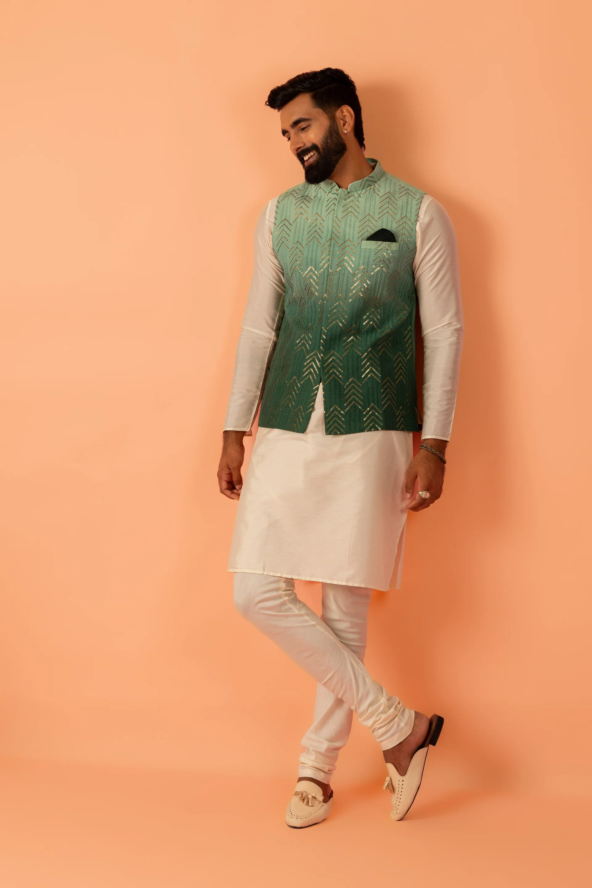 Men Green Ombre Nehru Jacket - Image 4
