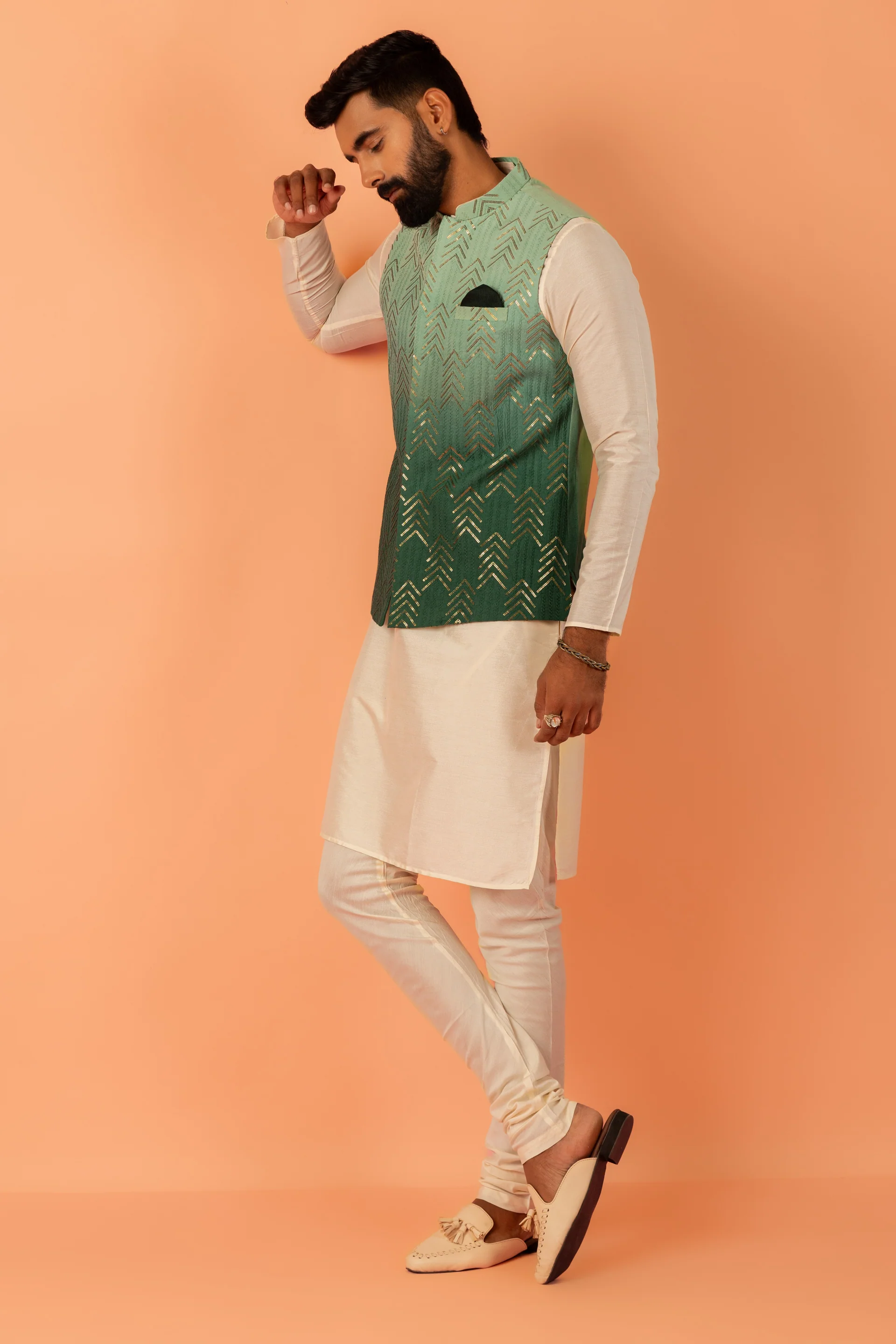 Men Green Ombre Nehru Jacket - Image 5