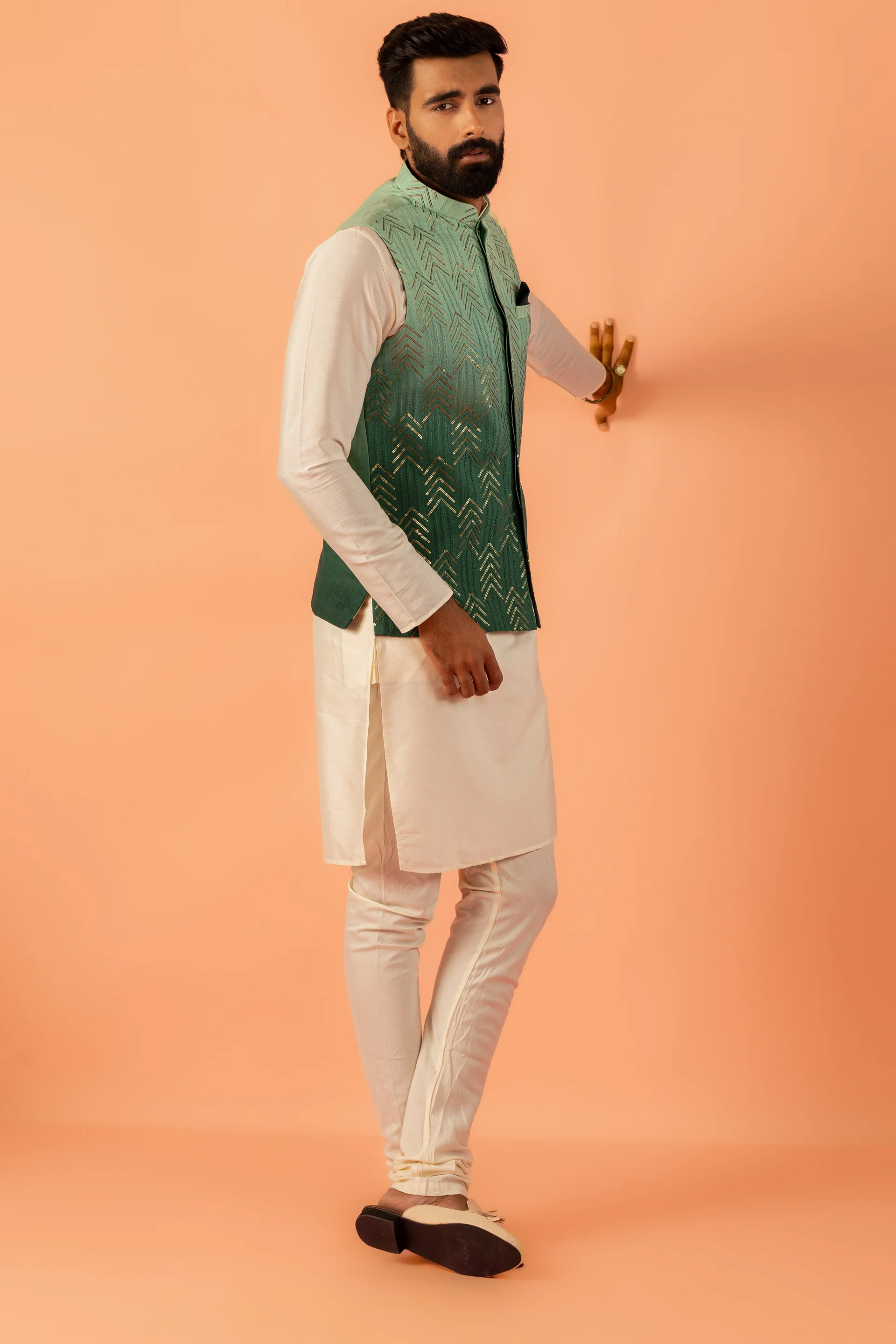 Men Green Ombre Nehru Jacket - Image 6