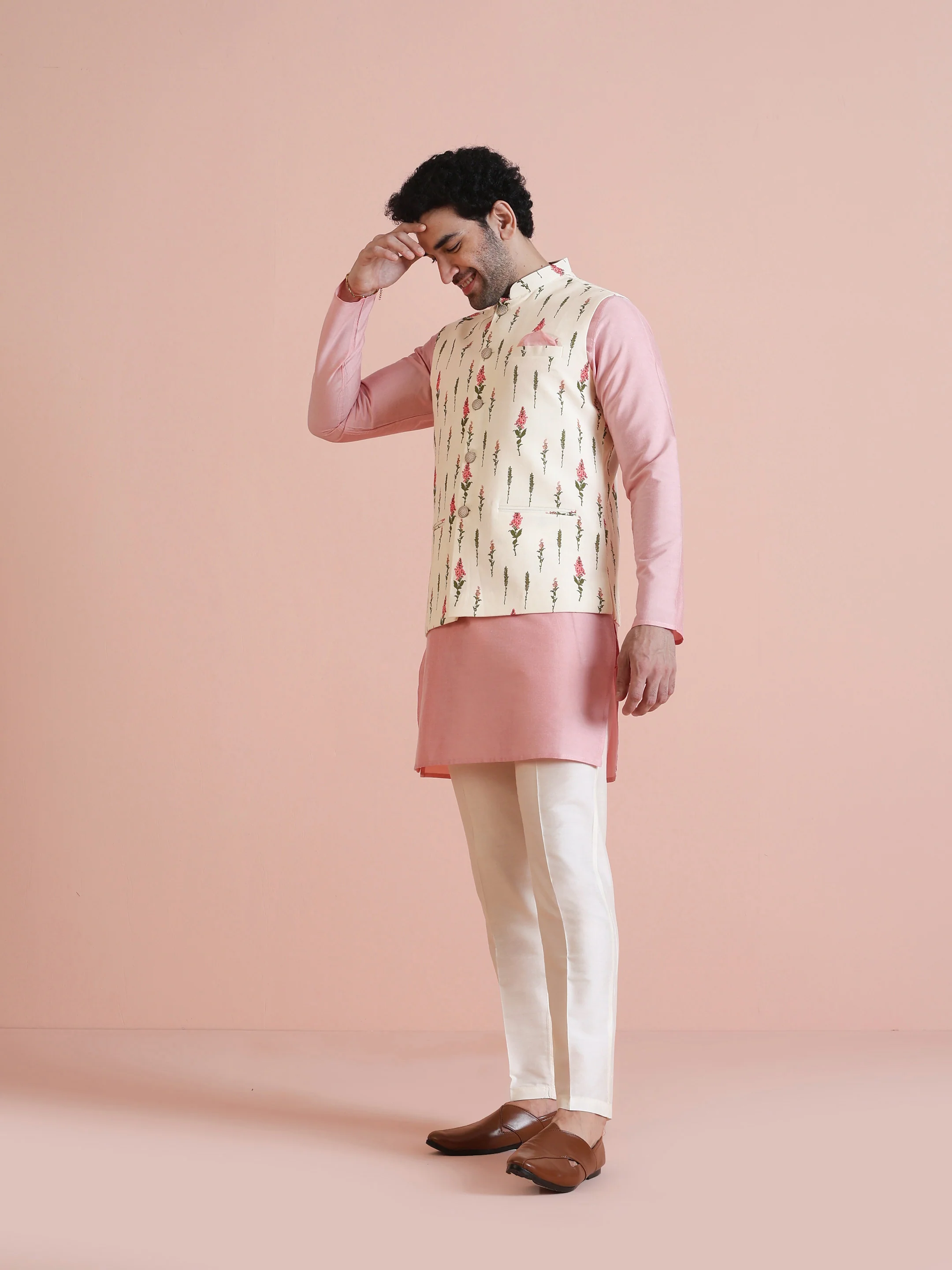 Ivory Floral Printed Silk Blend Nehru Jacket - Image 3
