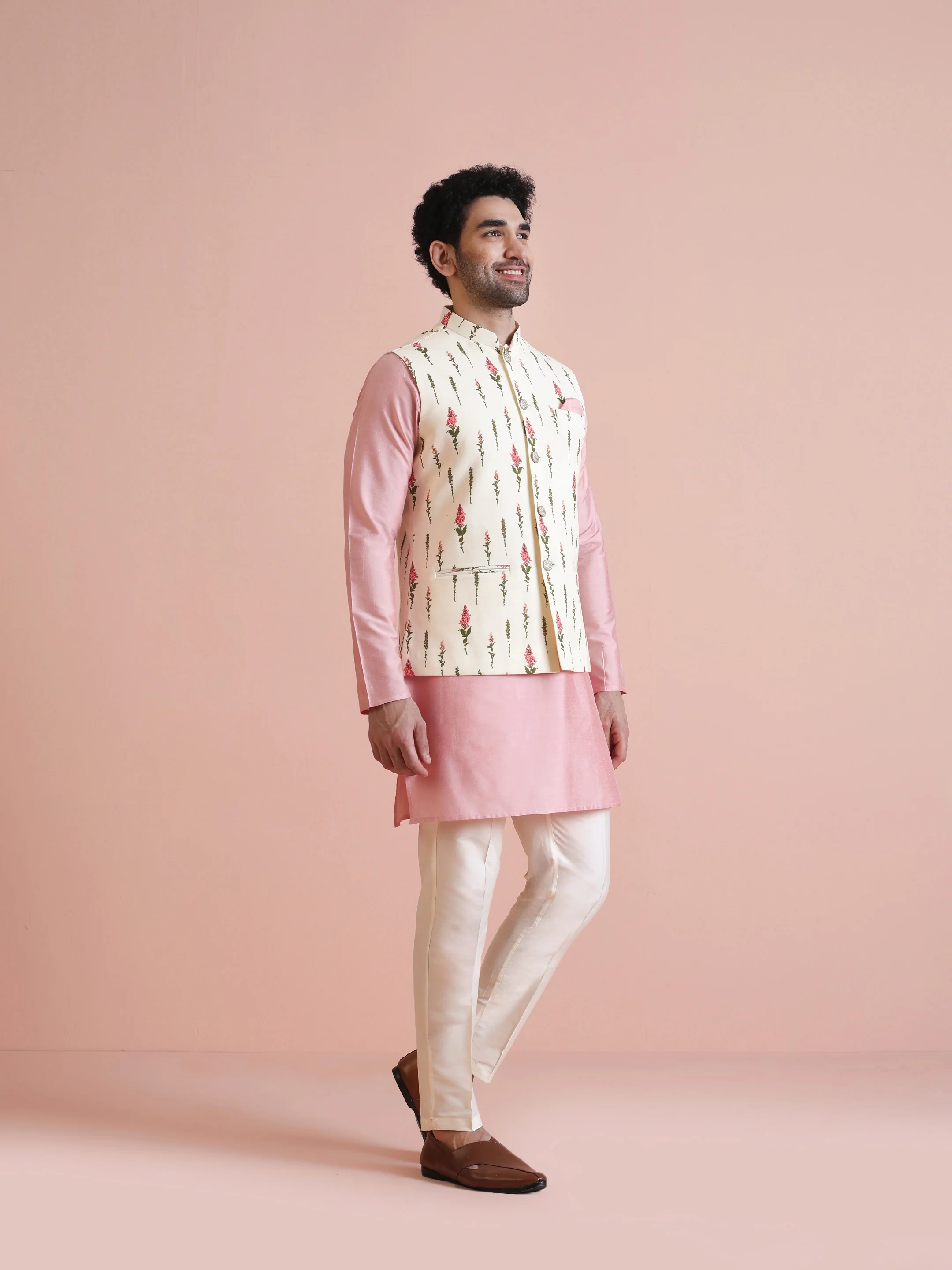 Ivory Floral Printed Silk Blend Nehru Jacket - Image 4